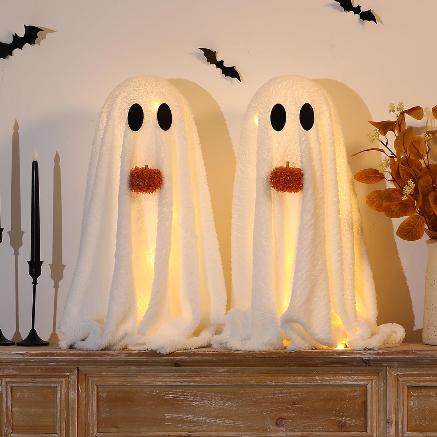 Halloween Decorations-2 Pack Light-Up Sherpa Ghosts with Pumpkin Halloween Decor Indoor Cute Ghost Tabletop Decor for Party Home Kitchen and Fireplace