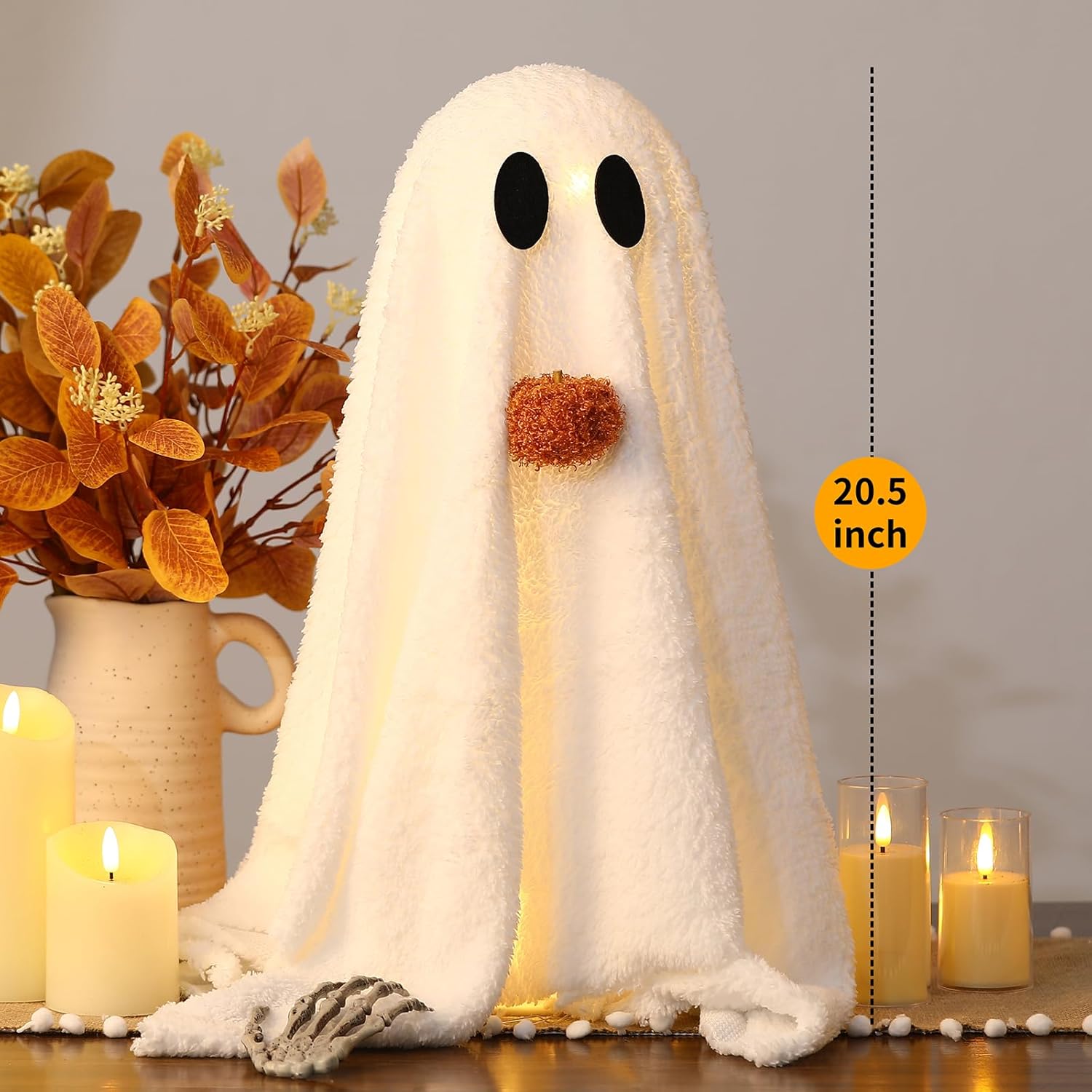 Halloween Decorations-2 Pack Light-Up Sherpa Ghosts with Pumpkin Halloween Decor Indoor Cute Ghost Tabletop Decor for Party Home Kitchen and Fireplace