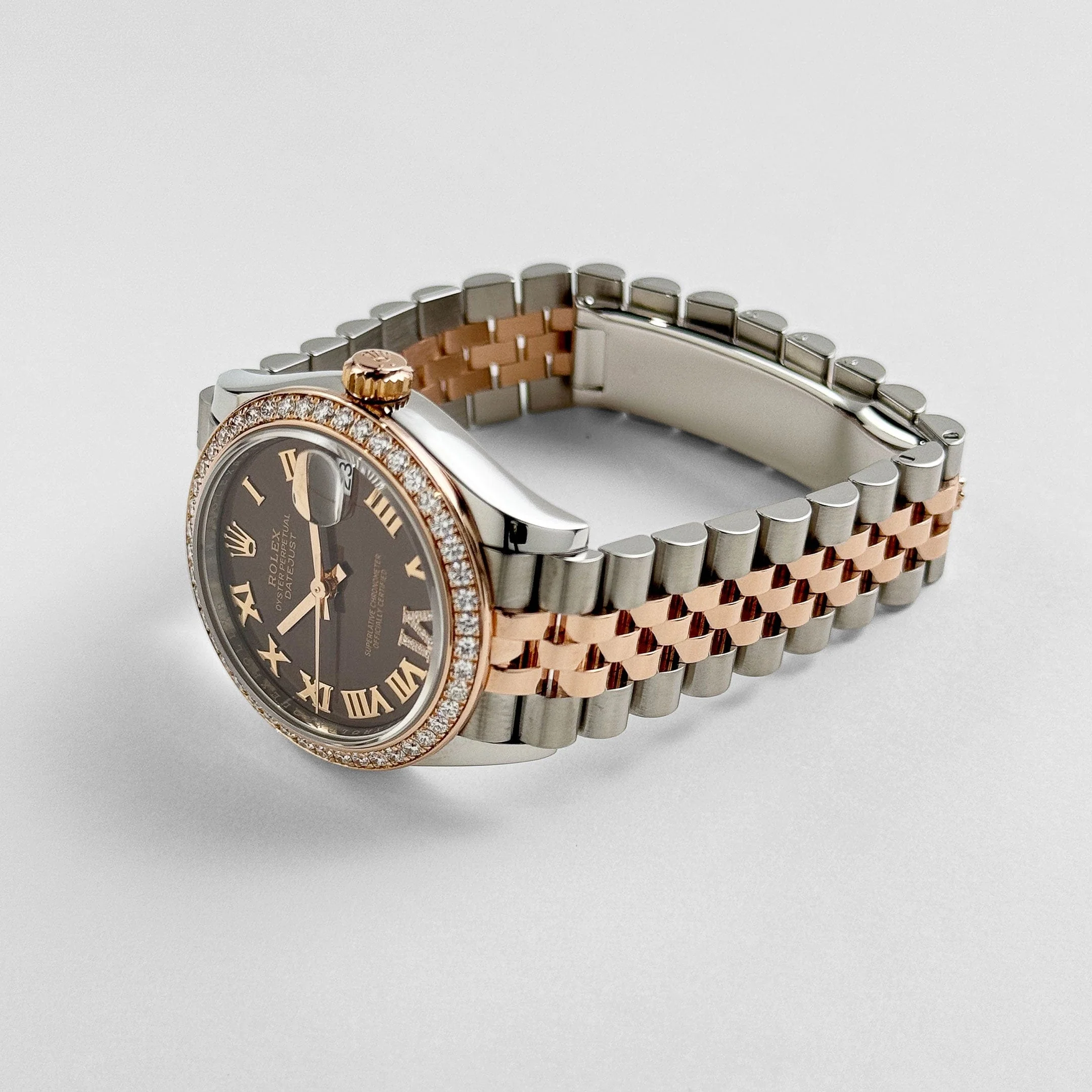 Rolex Datejust 31 278381RBR 'Ladies' Stainless Steel Rose Gold Brown Roman Numerals Diamond Dial Diamond Bezel Jubilee