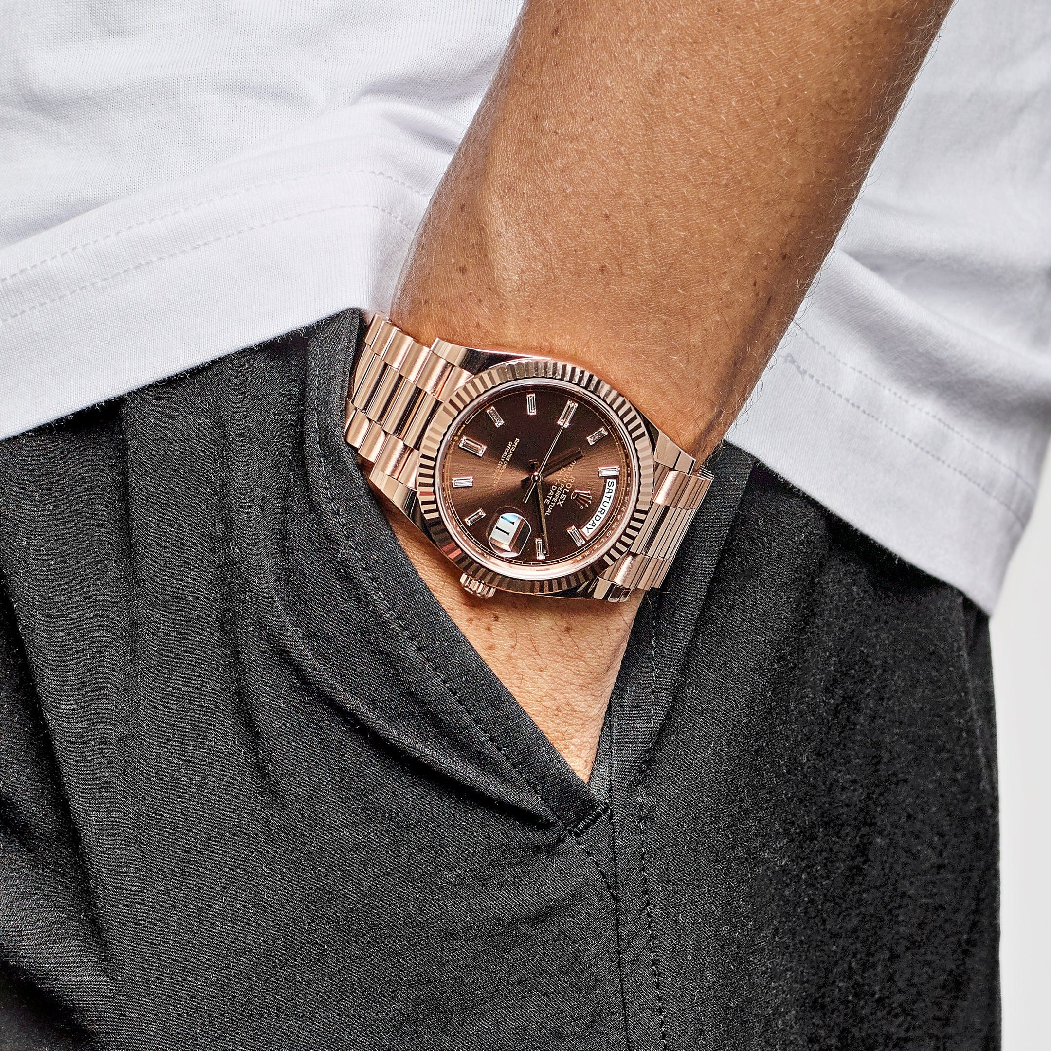 Rolex Day-Date 40 228235 Rose Gold Chocolate Baguette Diamond Dial (2025)