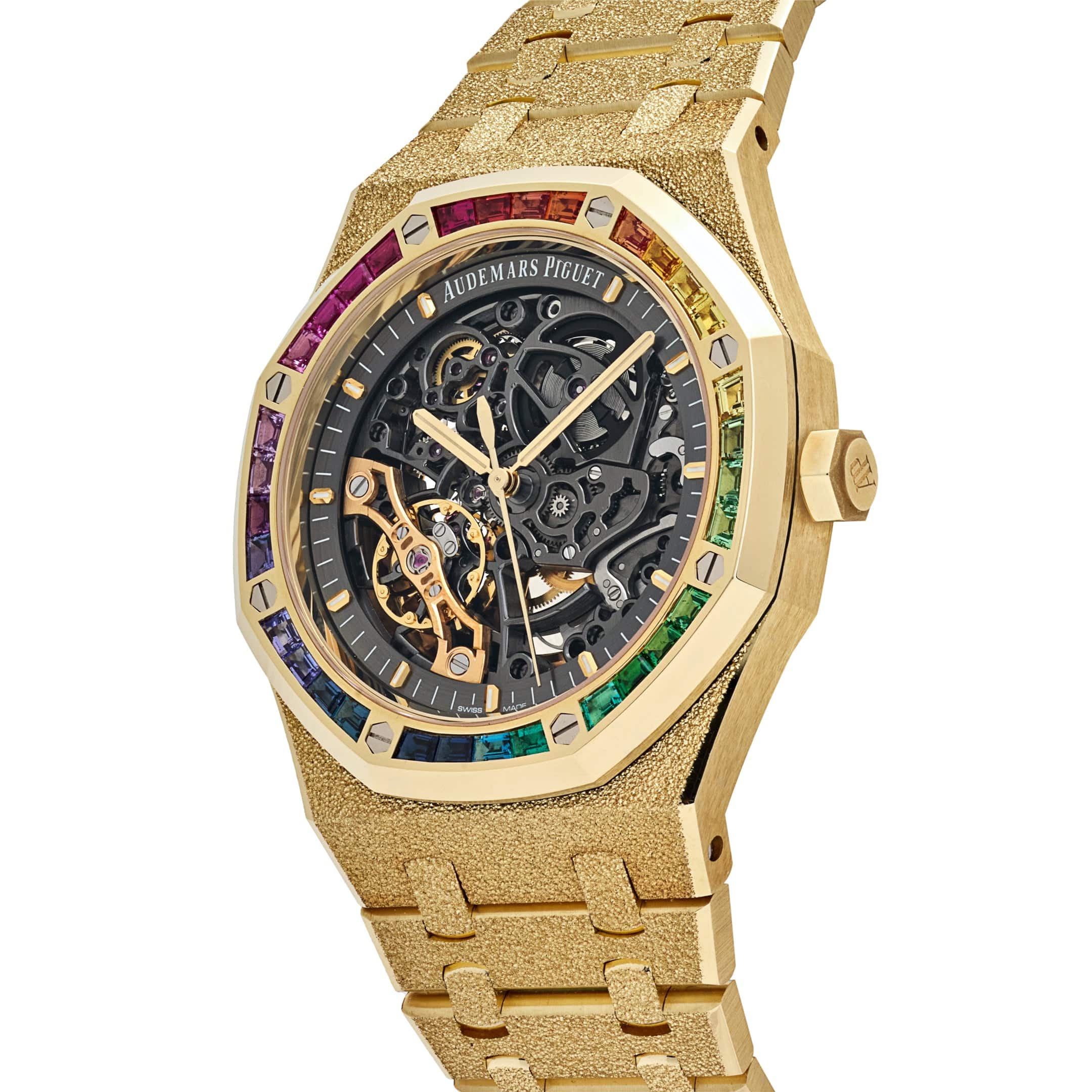 Audemars Piguet Royal Oak 15412BA.YG.1224BA.01 Frosted Yellow Gold Double Balance Wheel Rainbow Bezel