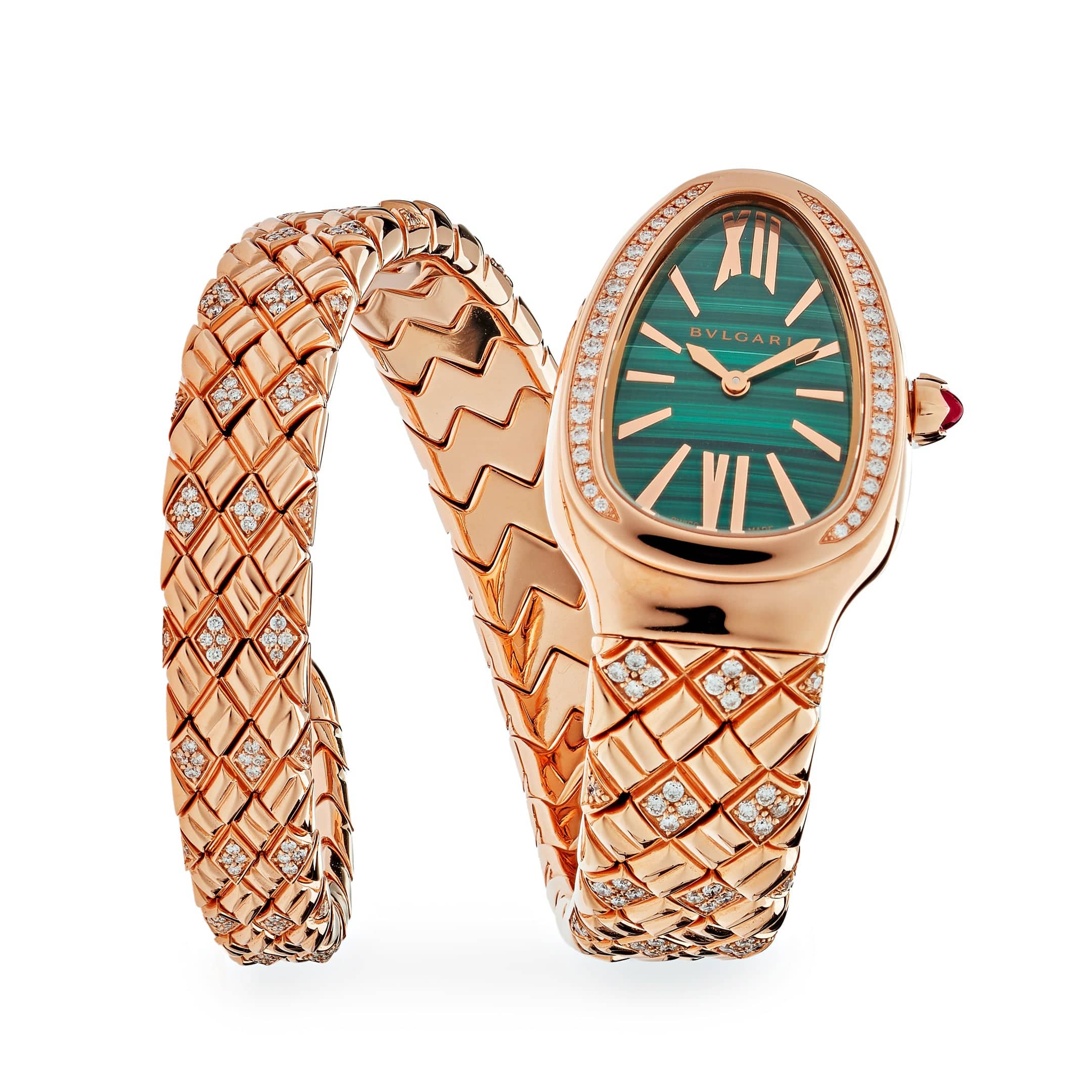BVLGARI Serpenti Spiga Watch 103626 Rose Gold Malachite Dial Diamond