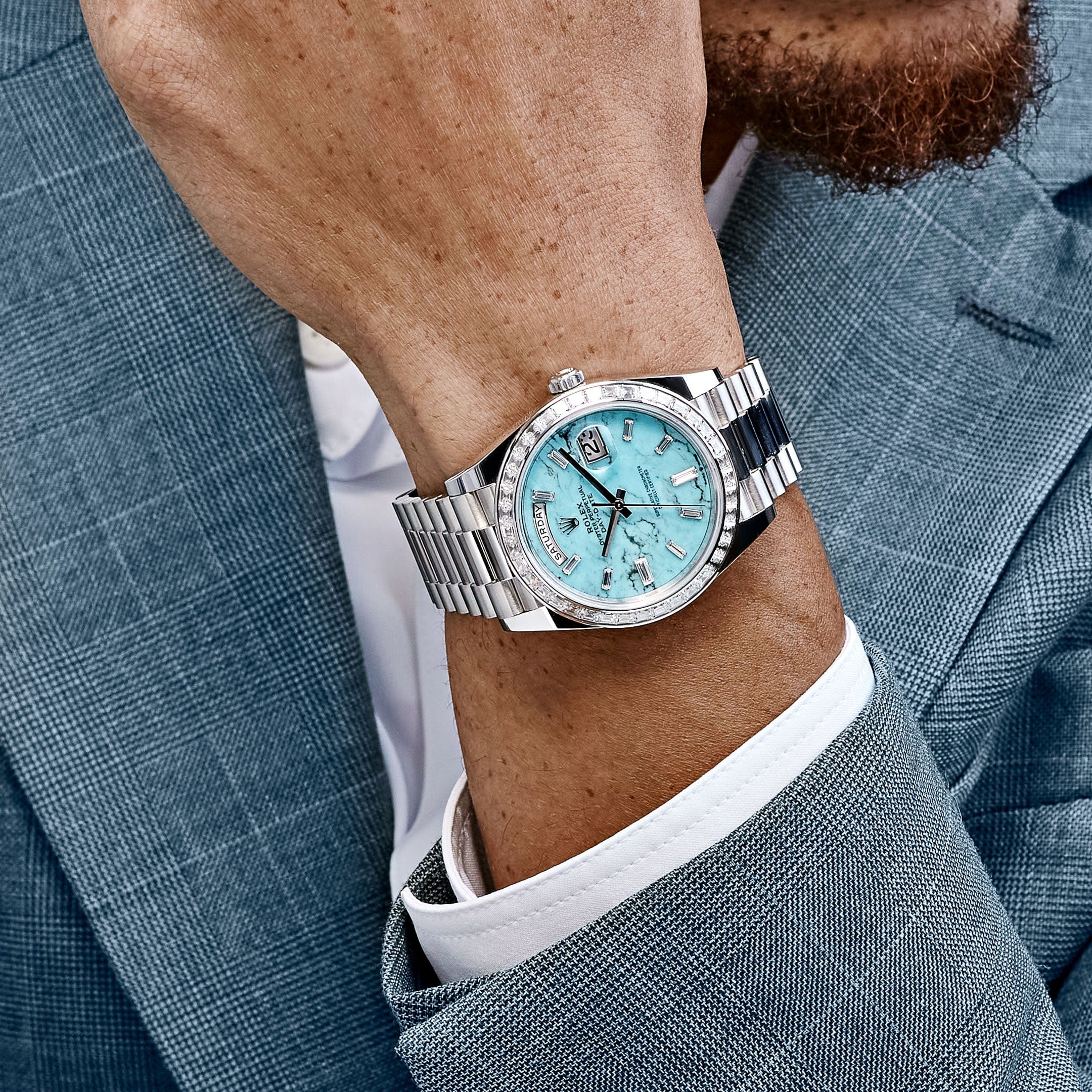 Rolex Day-Date 40 228396TBR Platinum Turquoise Stone Diamond Dial Diamond Bezel