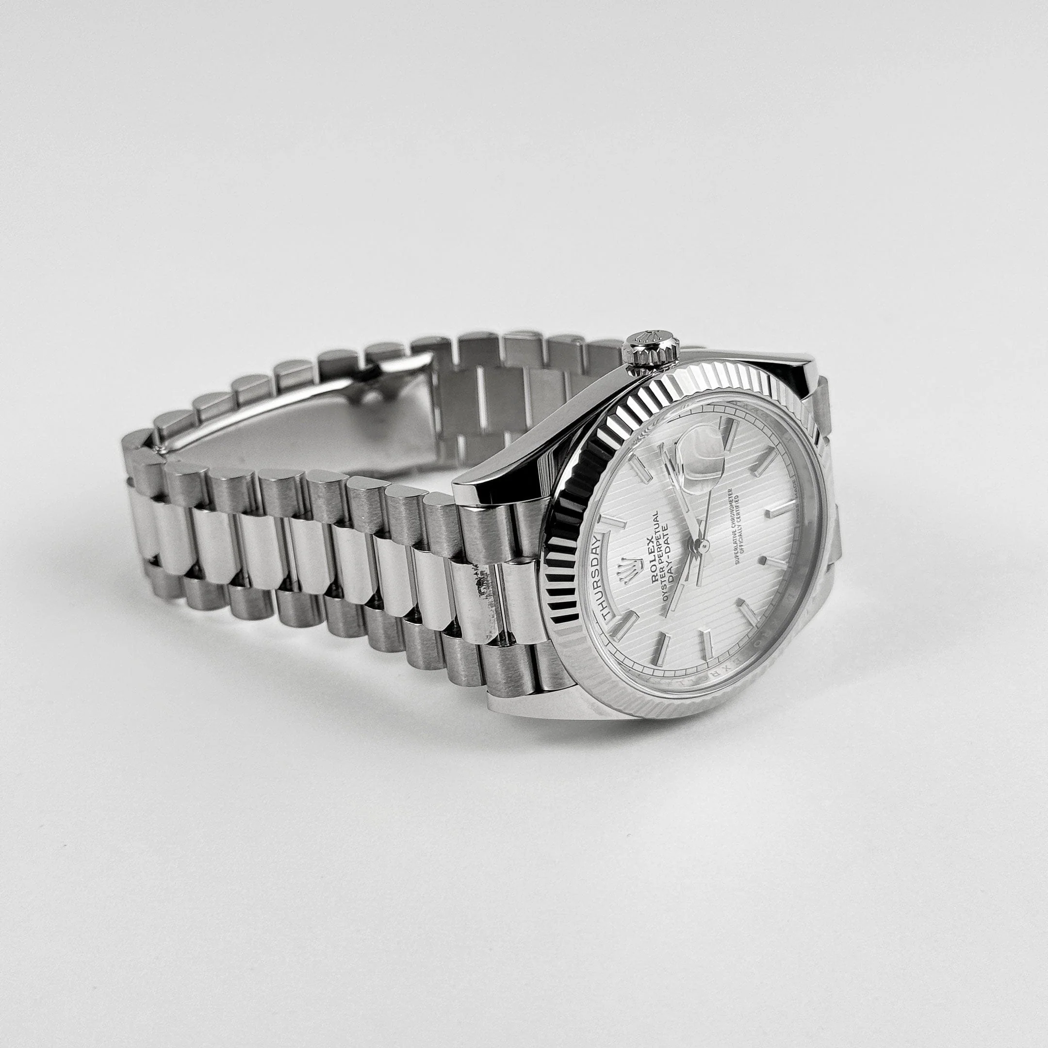 Rolex-Day Date 40 228239 White Gold Silver Stripe Motif Dial (2018)