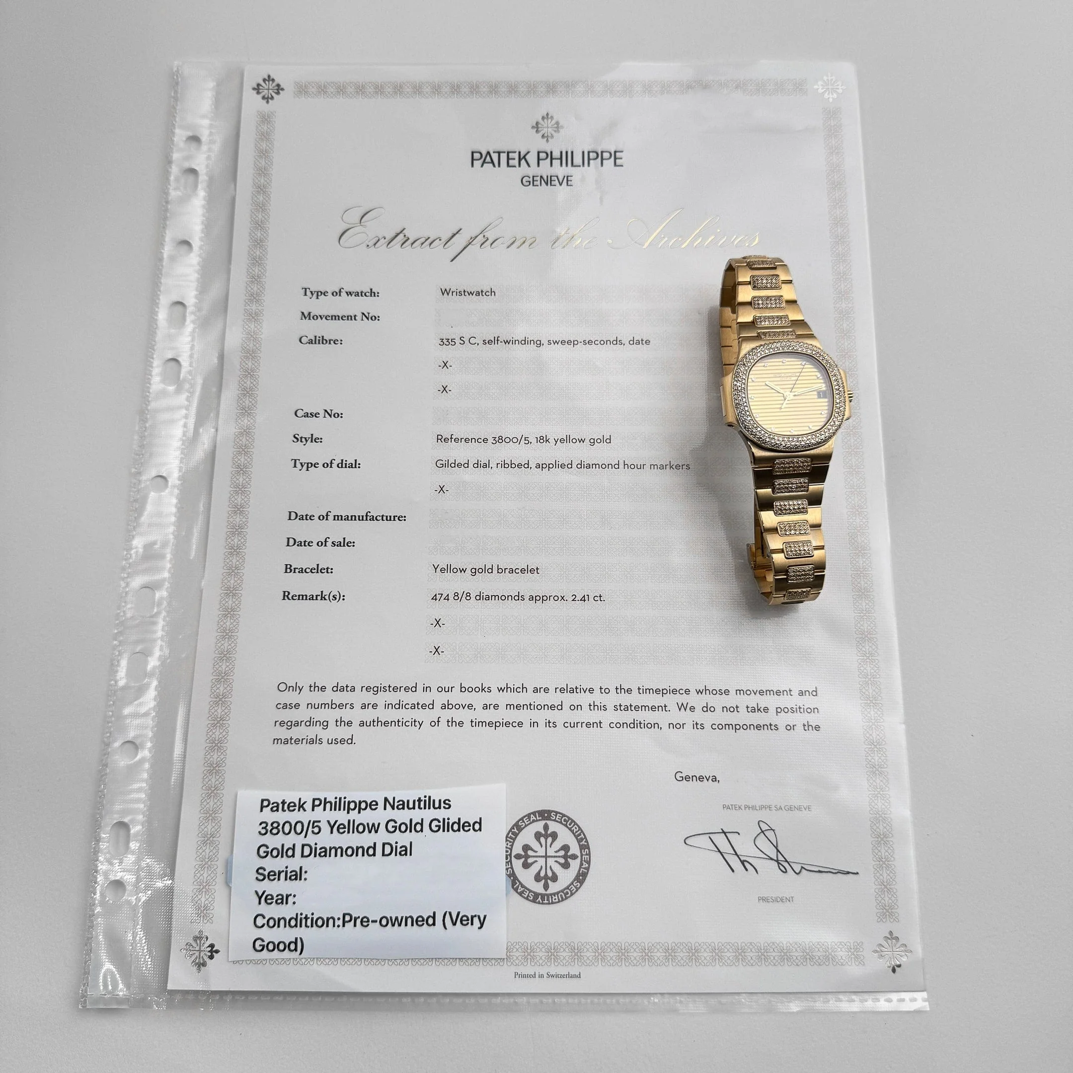 Patek Philippe Nautilus 3800/5 Yellow Gold Glided Gold Diamond Dial (1984)