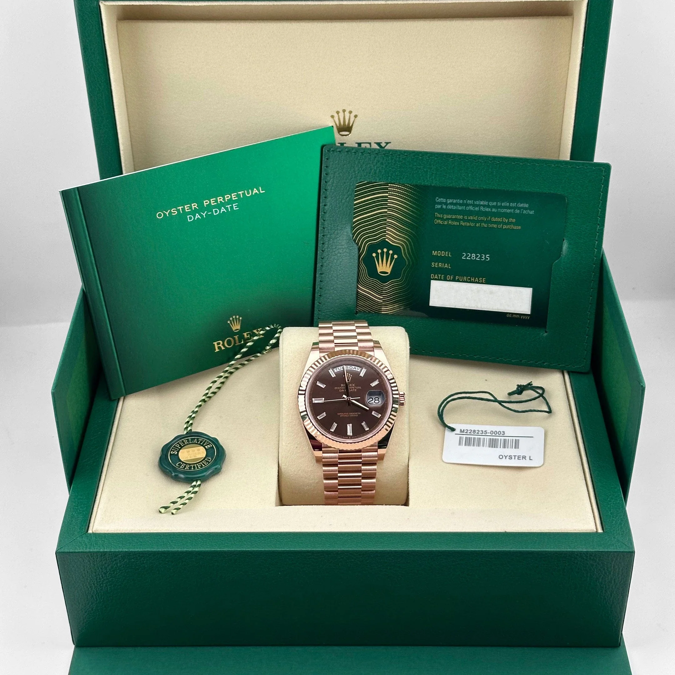 Rolex Day-Date 40 228235 Rose Gold Chocolate Baguette Diamond Dial (2025)