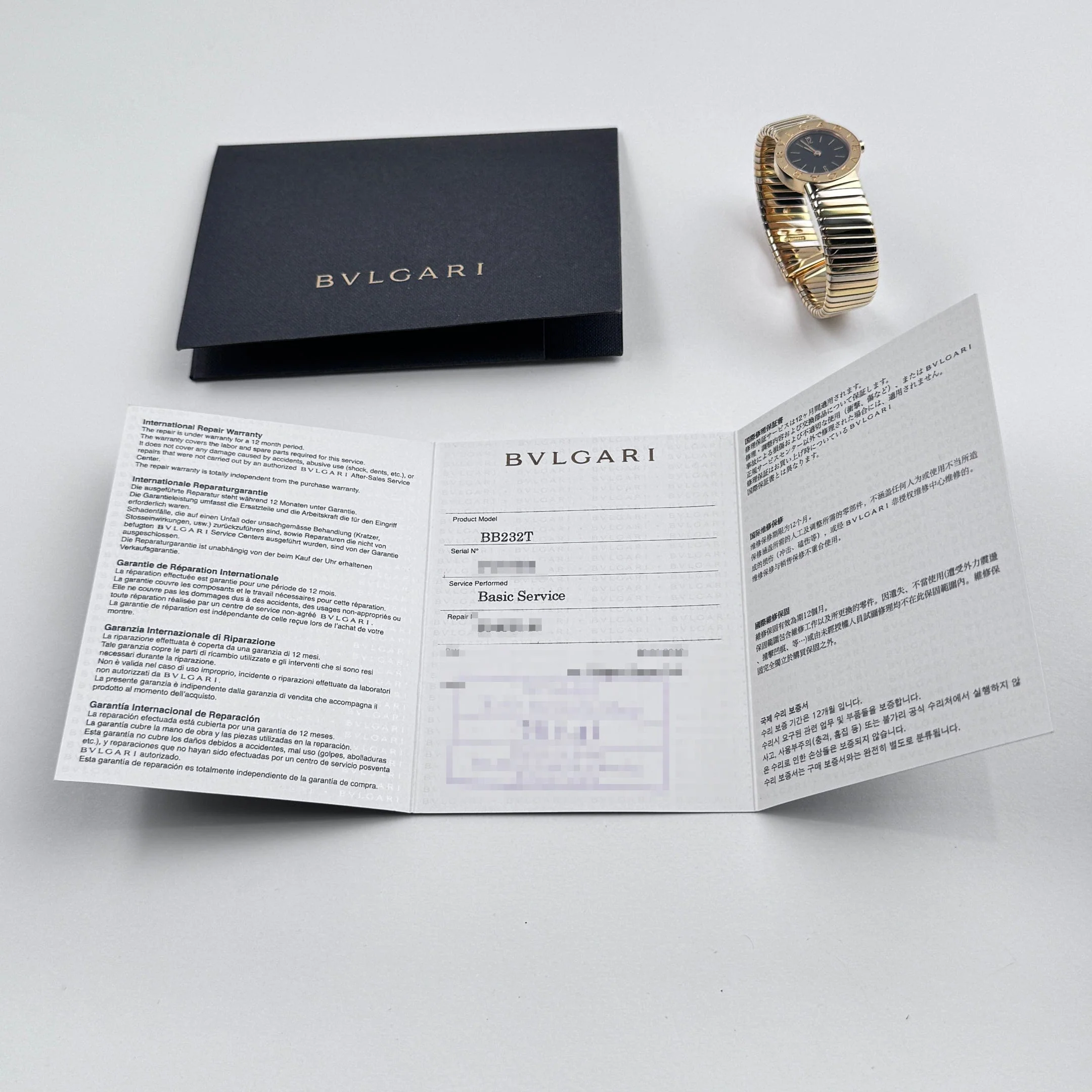 BVLGARI Tubogas BB232T 1 Row Tri Color Black Dial Quartz