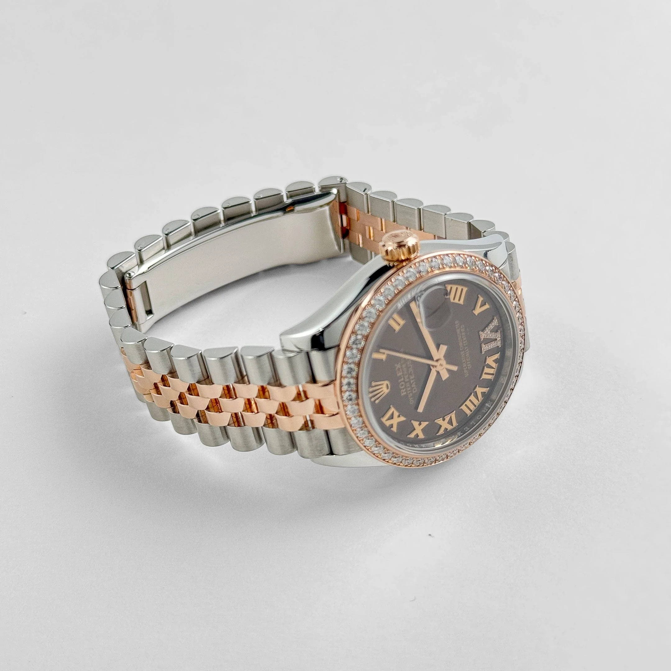 Rolex Datejust 31 278381RBR 'Ladies' Stainless Steel Rose Gold Brown Roman Numerals Diamond Dial Diamond Bezel Jubilee