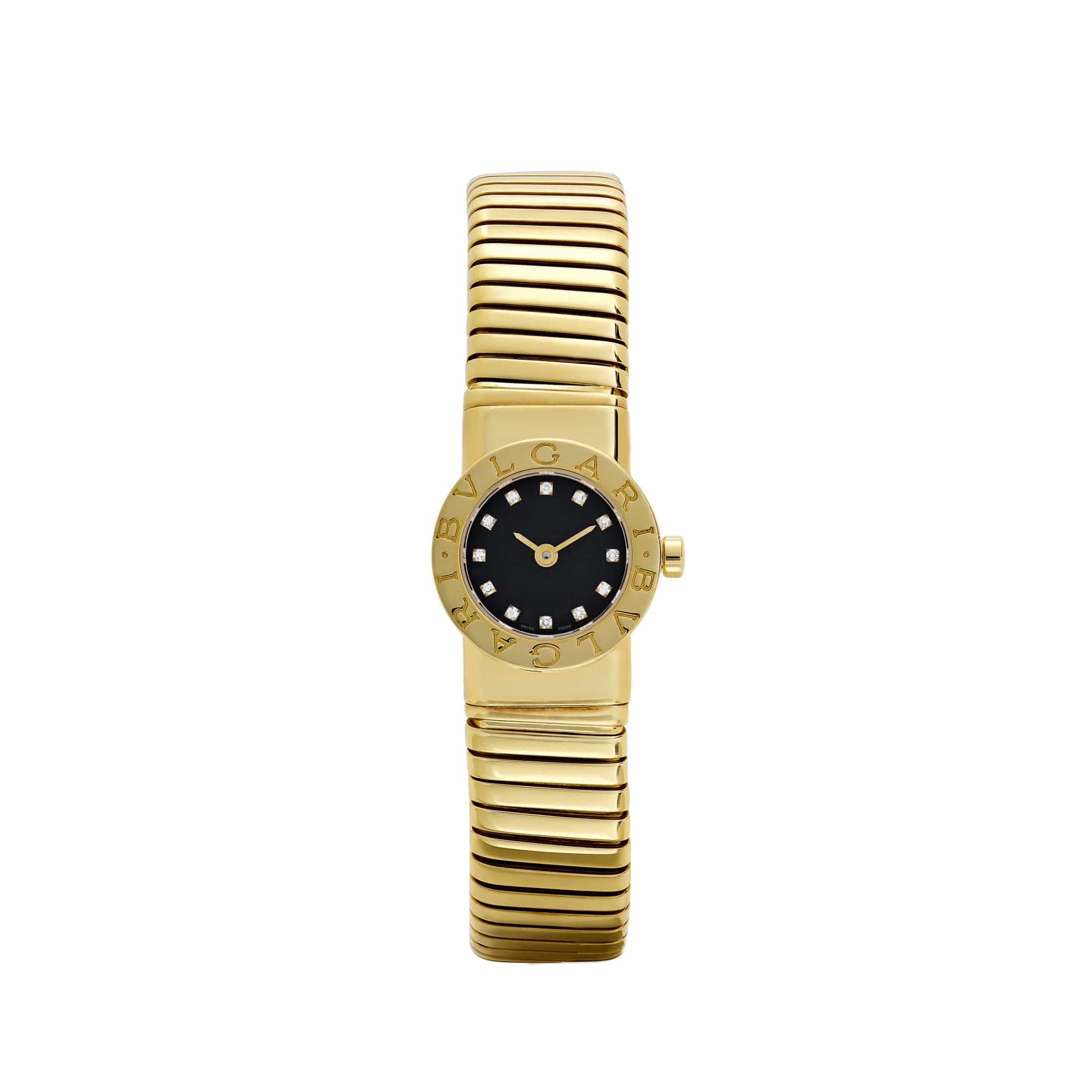 BVLGARI Tubogas BB192TG 1 Row Yellow Gold Black Diamond Dial Quartz