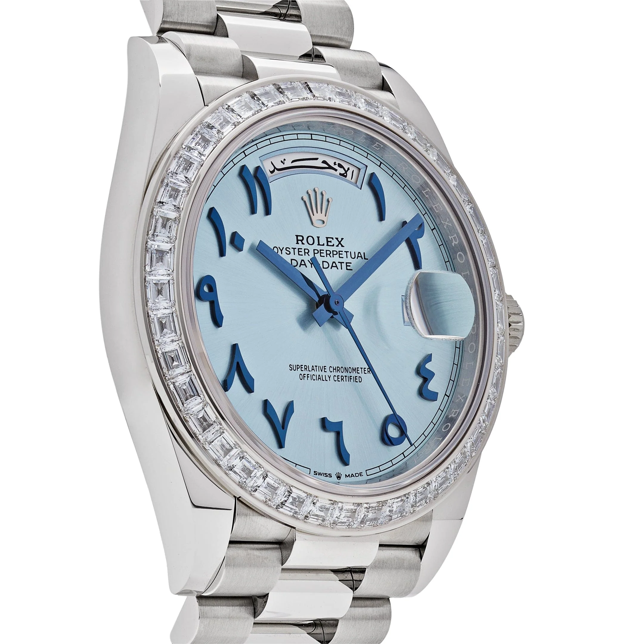 Rolex Day-Date 40 228396TBR Platinum Ice Blue Arabic Dial Diamond Bezel