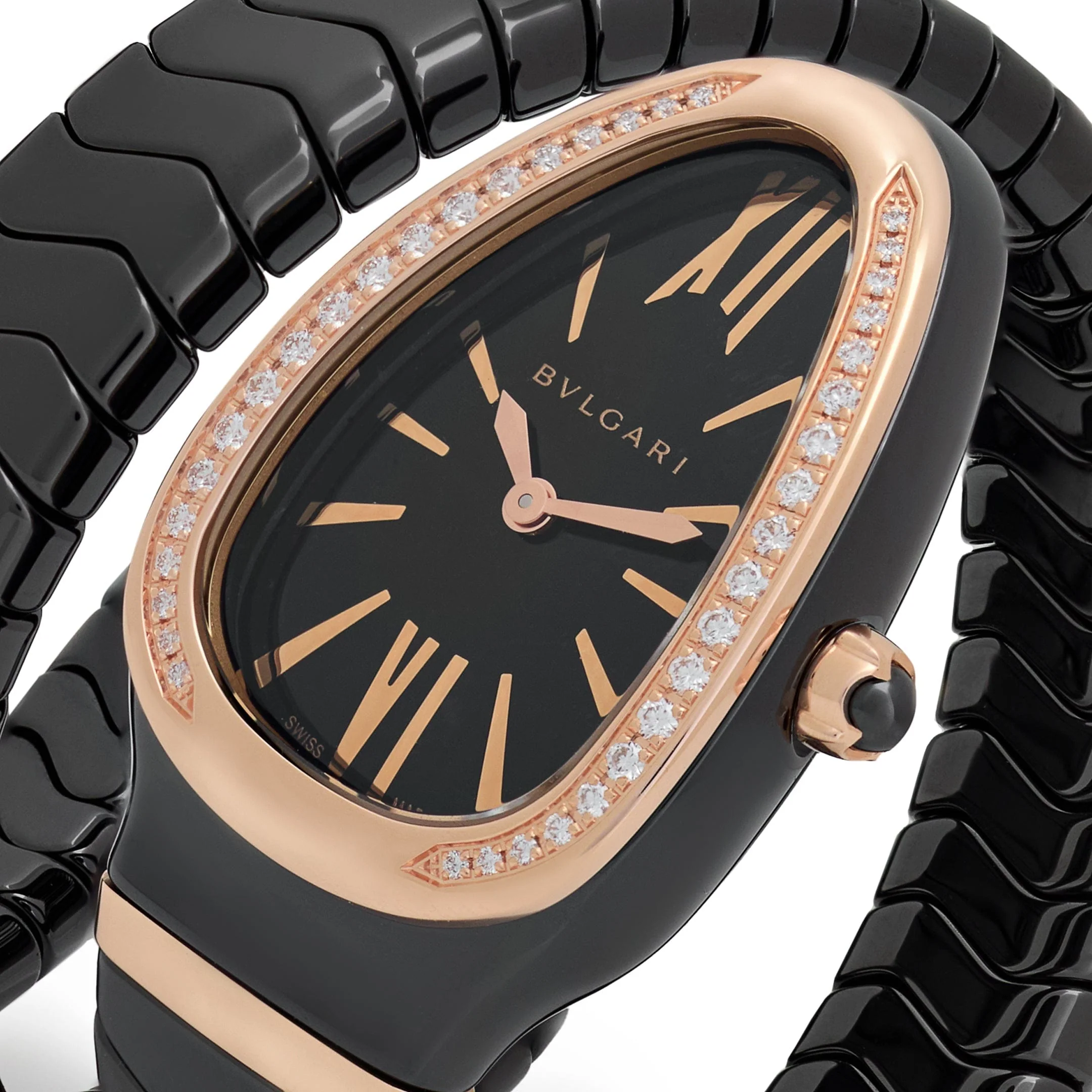 Bvlgari Serpenti Spiga Watch 102885 Black Ceramic and Rose Gold Black Lacquered Polished Dial Diamond Bezel (2025)