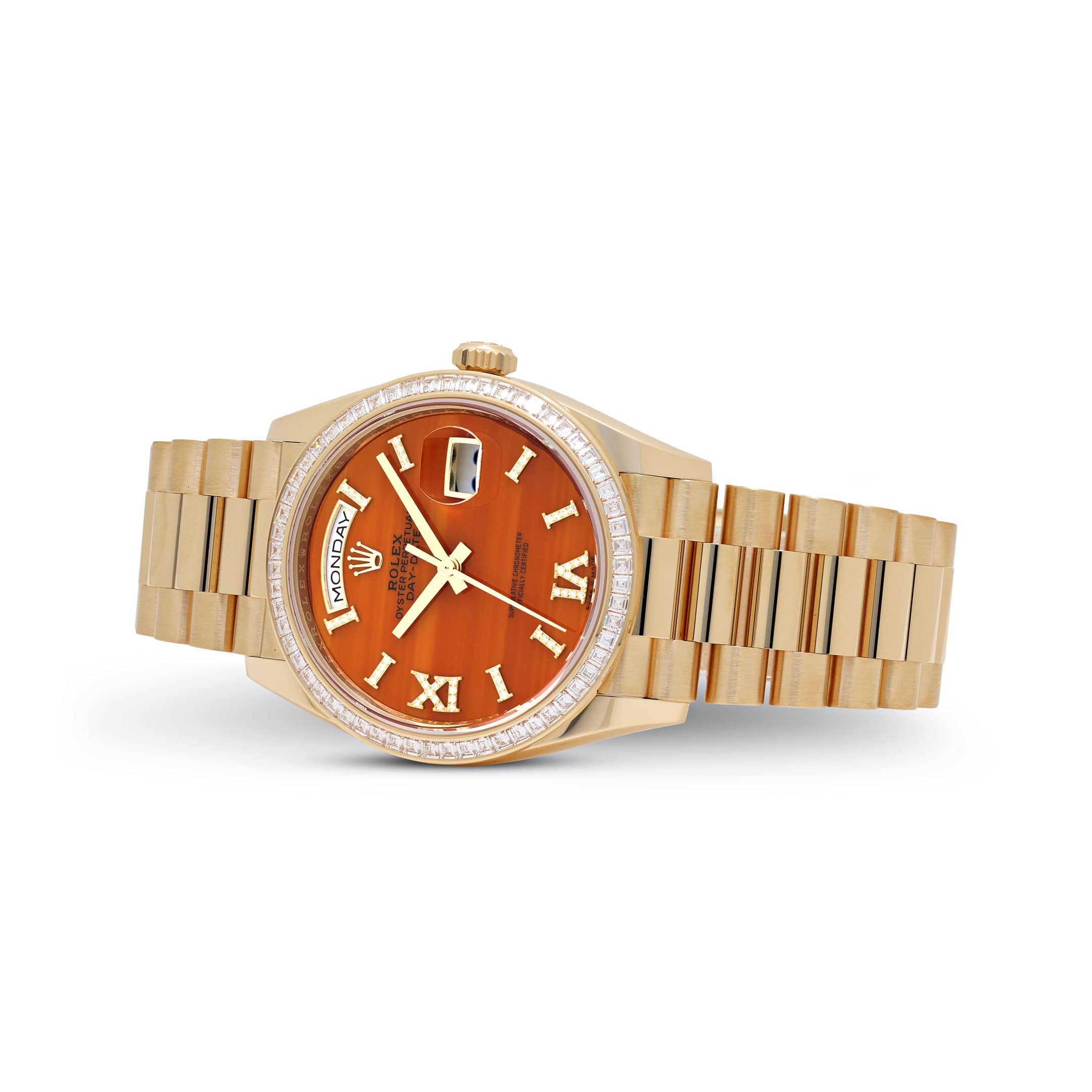 Rolex Day-Date 36 128398TBR Yellow Gold Carnelian Diamond Roman Numerals Dial Diamond Bezel
