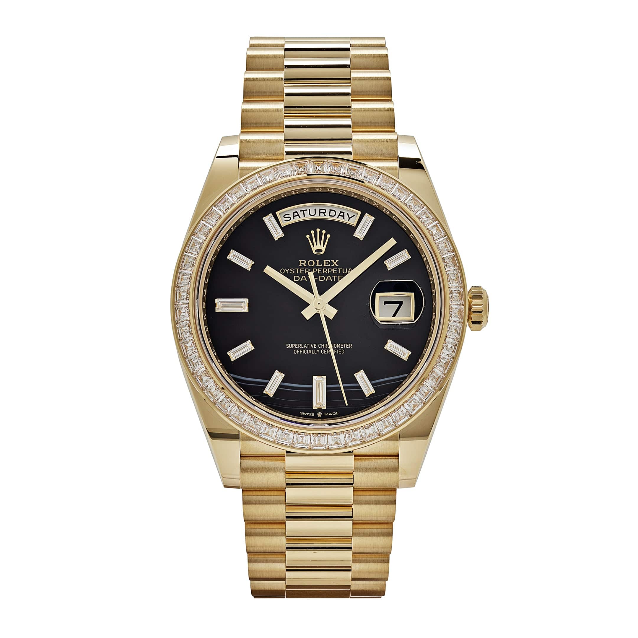Rolex Day-Date 40 228398TBR Yellow Gold Onyx Baguette Diamond Dial Baguette Bezel (2023)