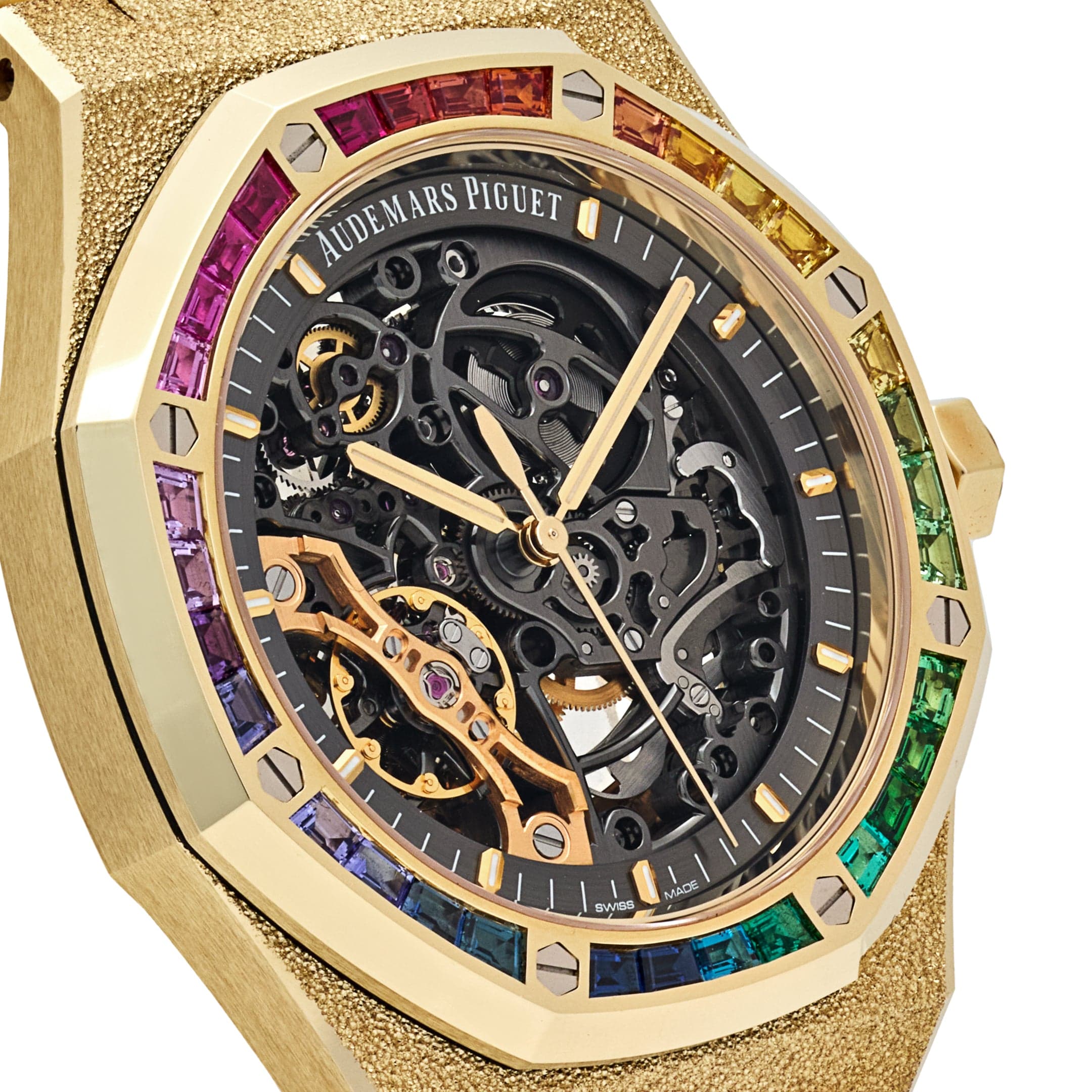 Audemars Piguet Royal Oak 15412BA.YG.1224BA.01 Frosted Yellow Gold Double Balance Wheel Rainbow Bezel