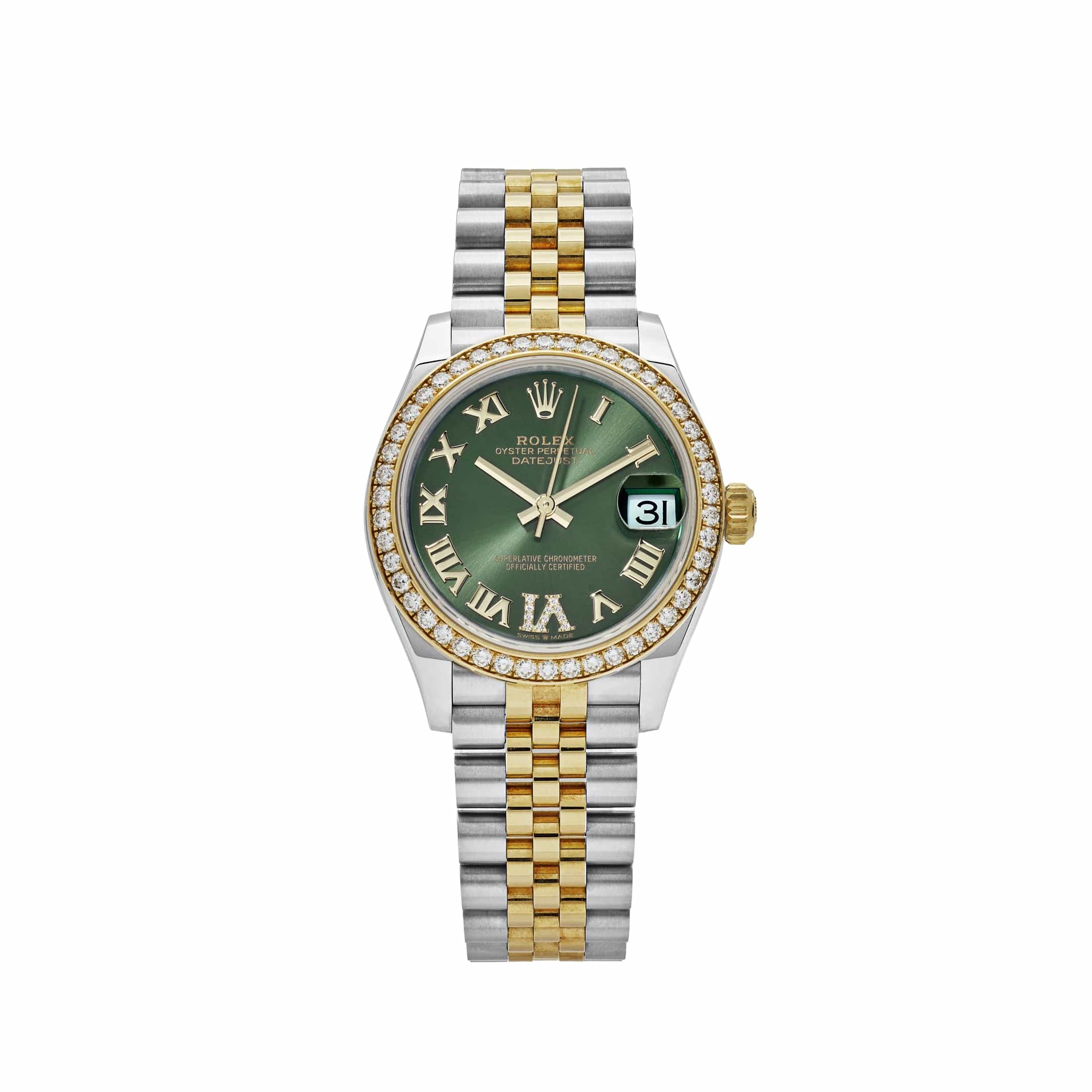 Rolex Datejust 31 278383RBR 'Ladies' Yellow Gold Stainless Steel Green Roman Dial Diamond Bezel