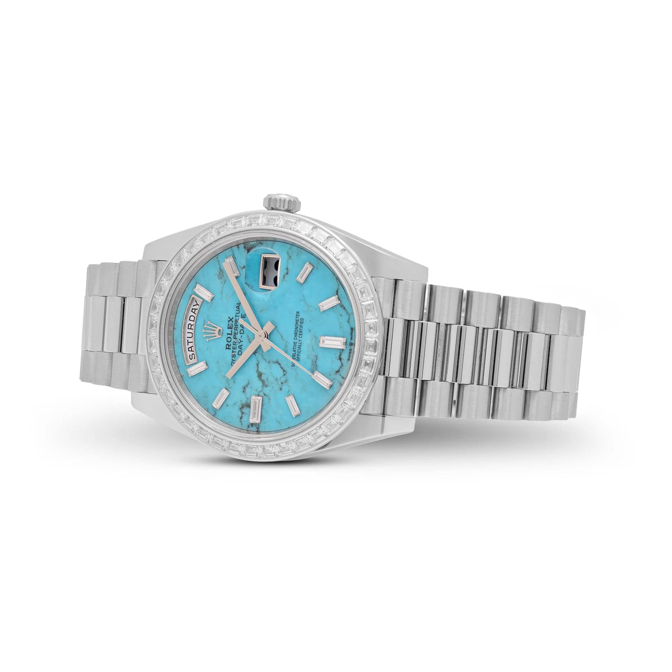 Rolex Day-Date 40 228396TBR Platinum Turquoise Stone Diamond Dial Diamond Bezel