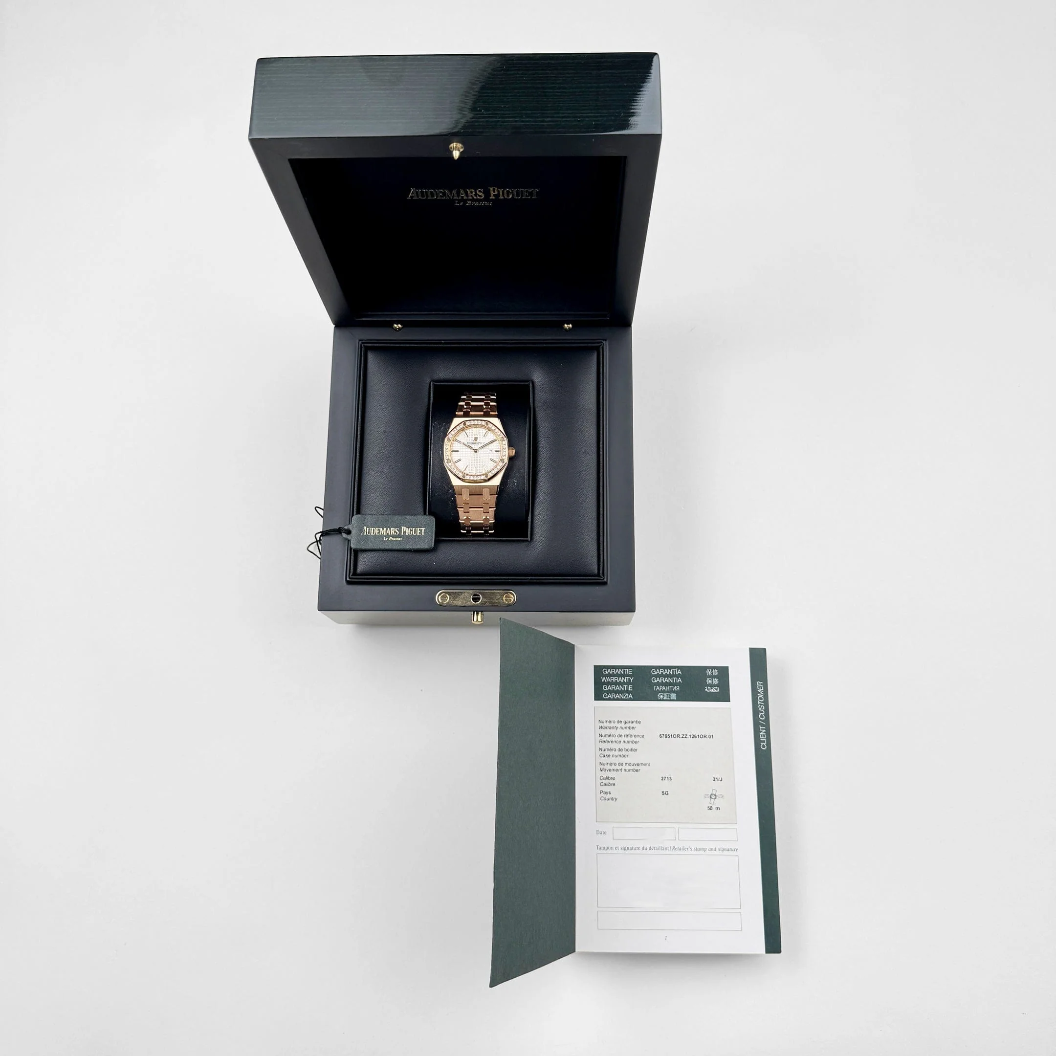 Audemars Piguet Royal Oak Quartz 67651OR.ZZ.1261OR.01 'Ladies' Rose Gold White Dial Diamond Bezel Quartz