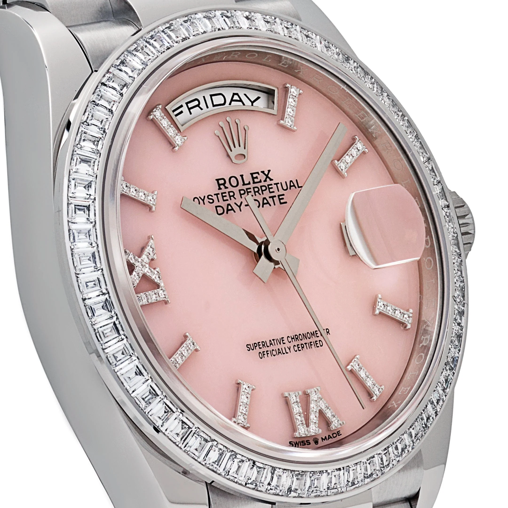 Rolex Day-Date 36 128396TBR Platinum Pink Opal Diamond Roman Numerals Dial Diamond Bezel
