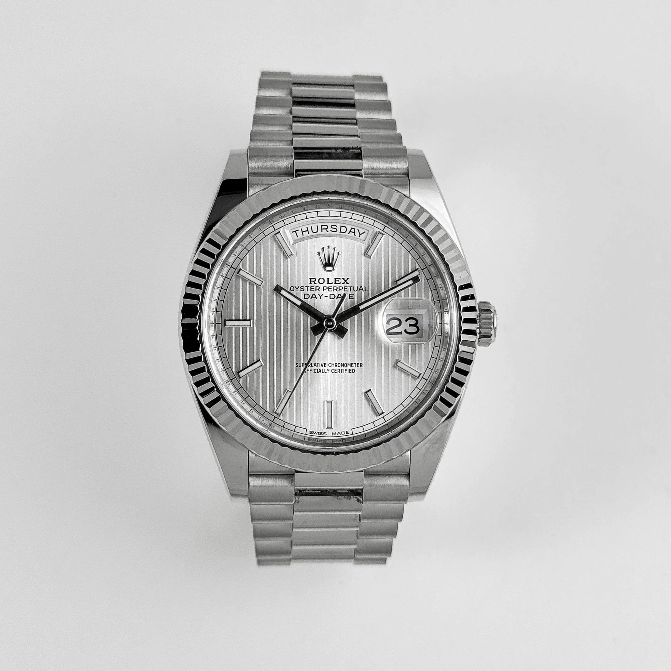 Rolex-Day Date 40 228239 White Gold Silver Stripe Motif Dial (2018)