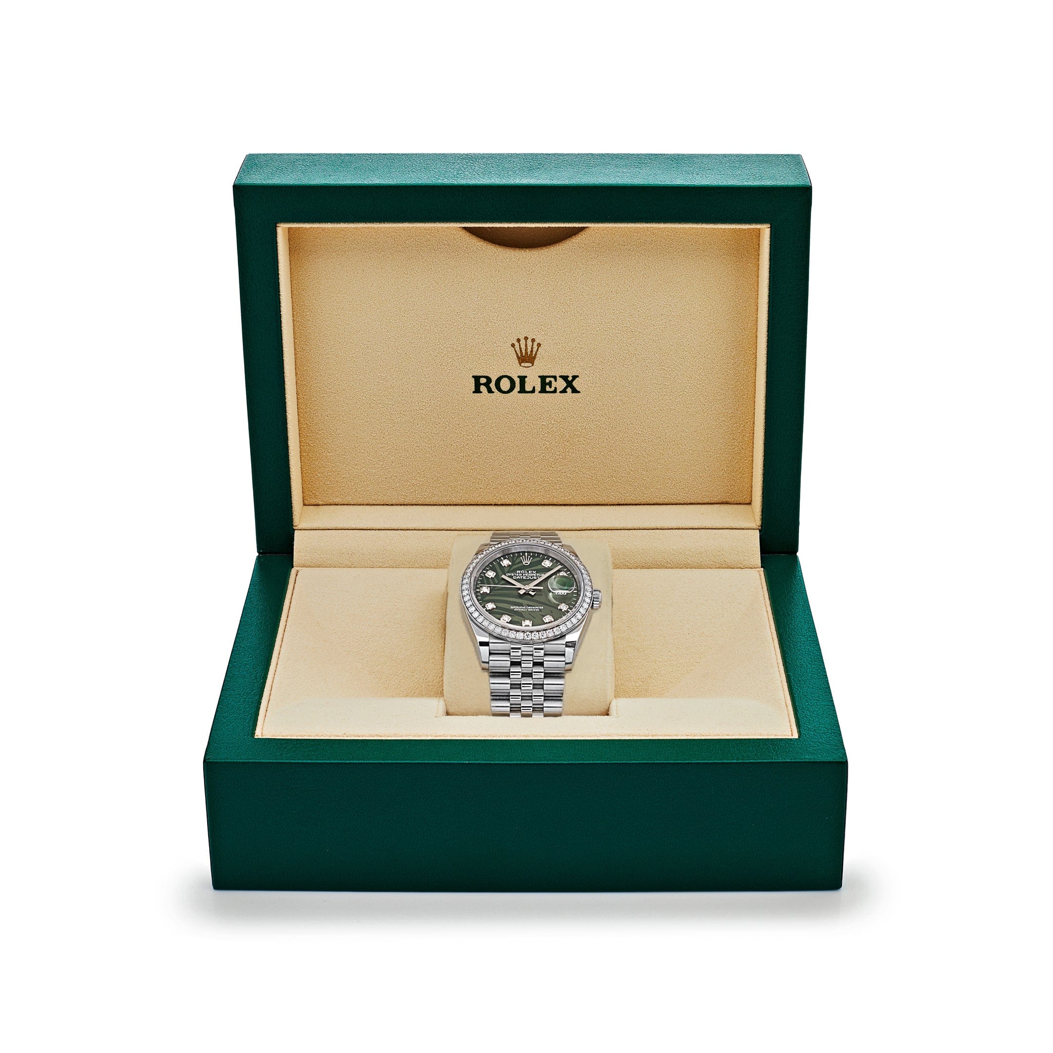 Rolex Datejust 36 126284RBR Stainless Steel Green Palm Frond Diamond Dial Diamond Bezel