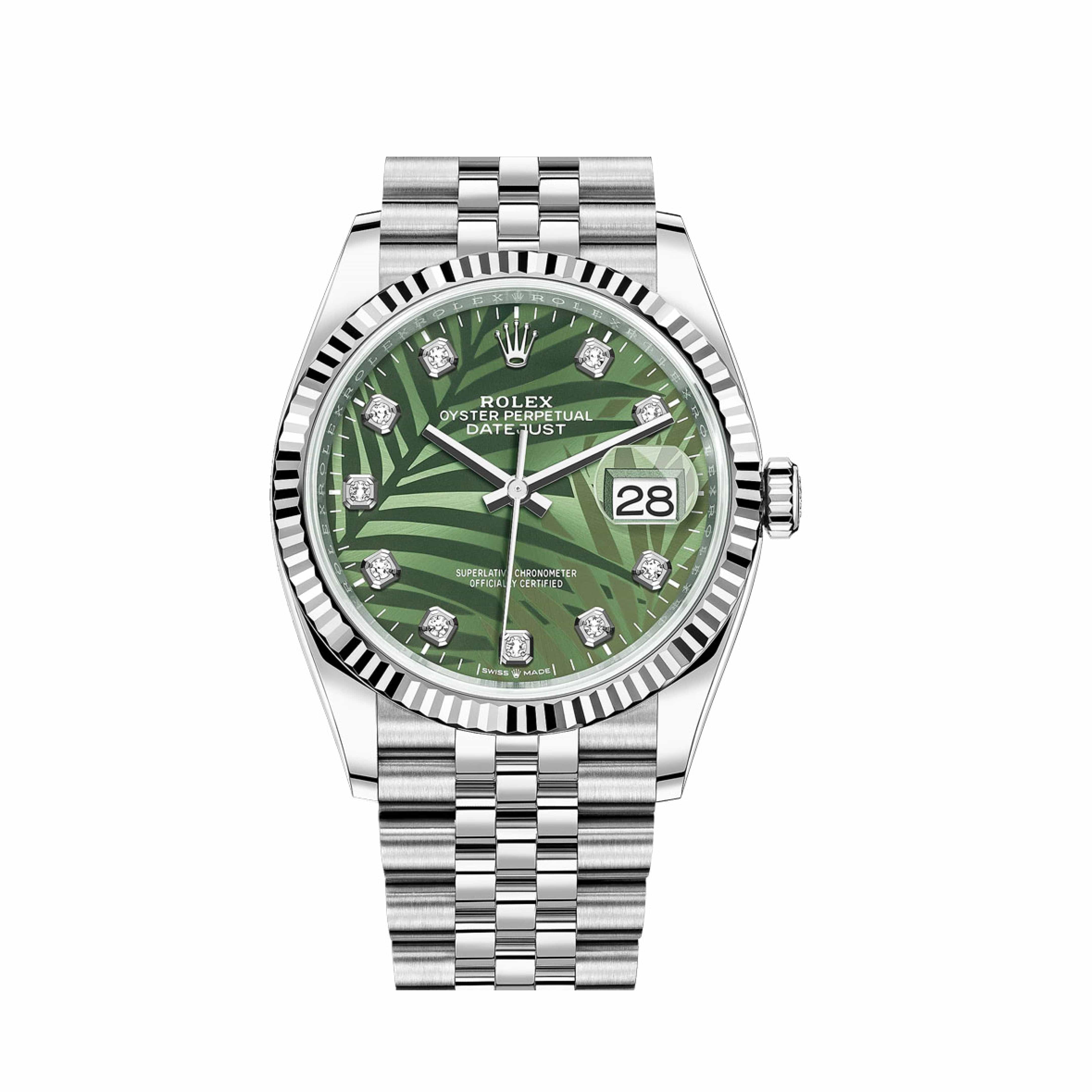 Rolex Datejust 36 126234 White Gold Stainless Steel Palm Motif Diamond Dial Jubilee