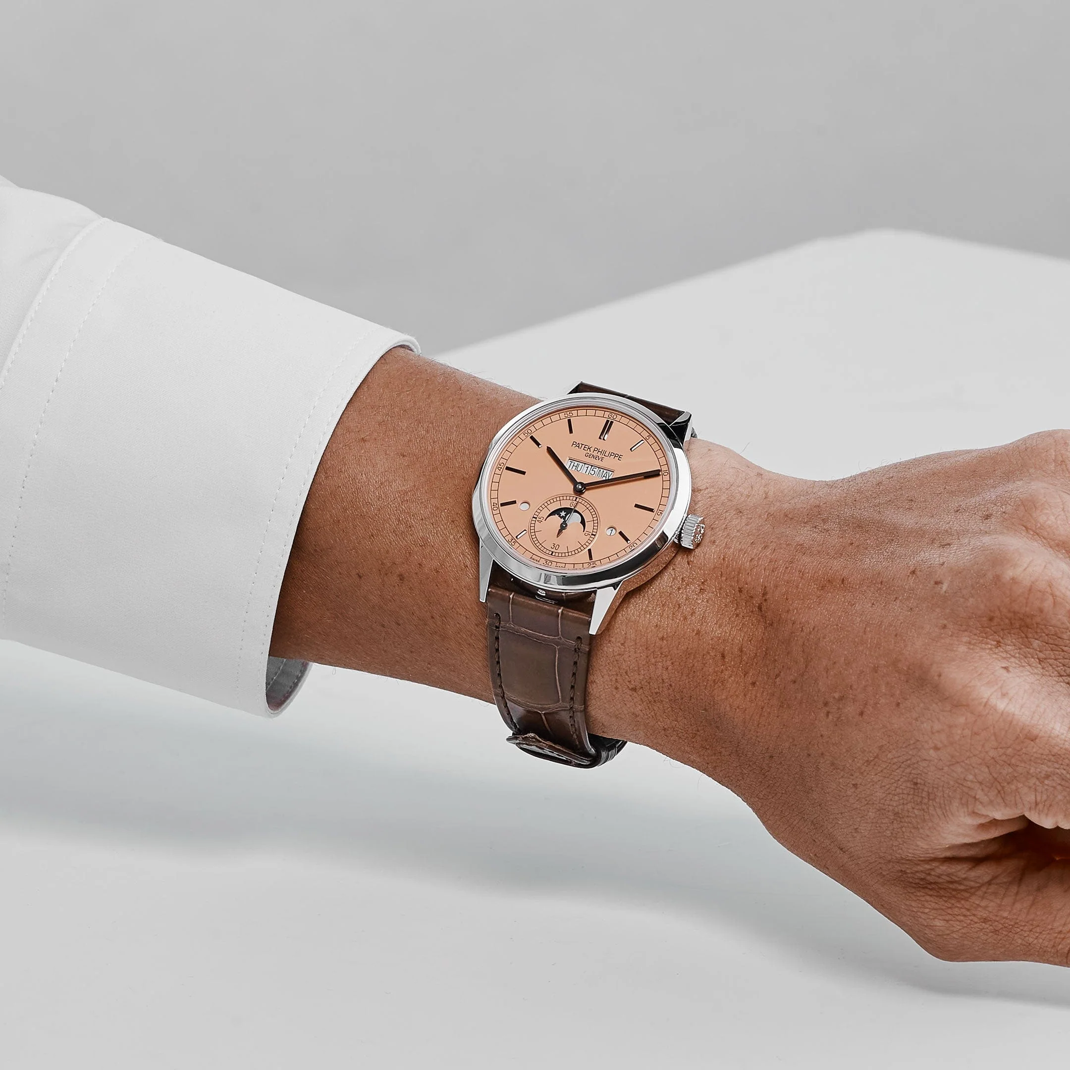 Patek Philippe Grand Complications 5236P-010 In-Line Perpetual Calendar Platinum Salmon Dial