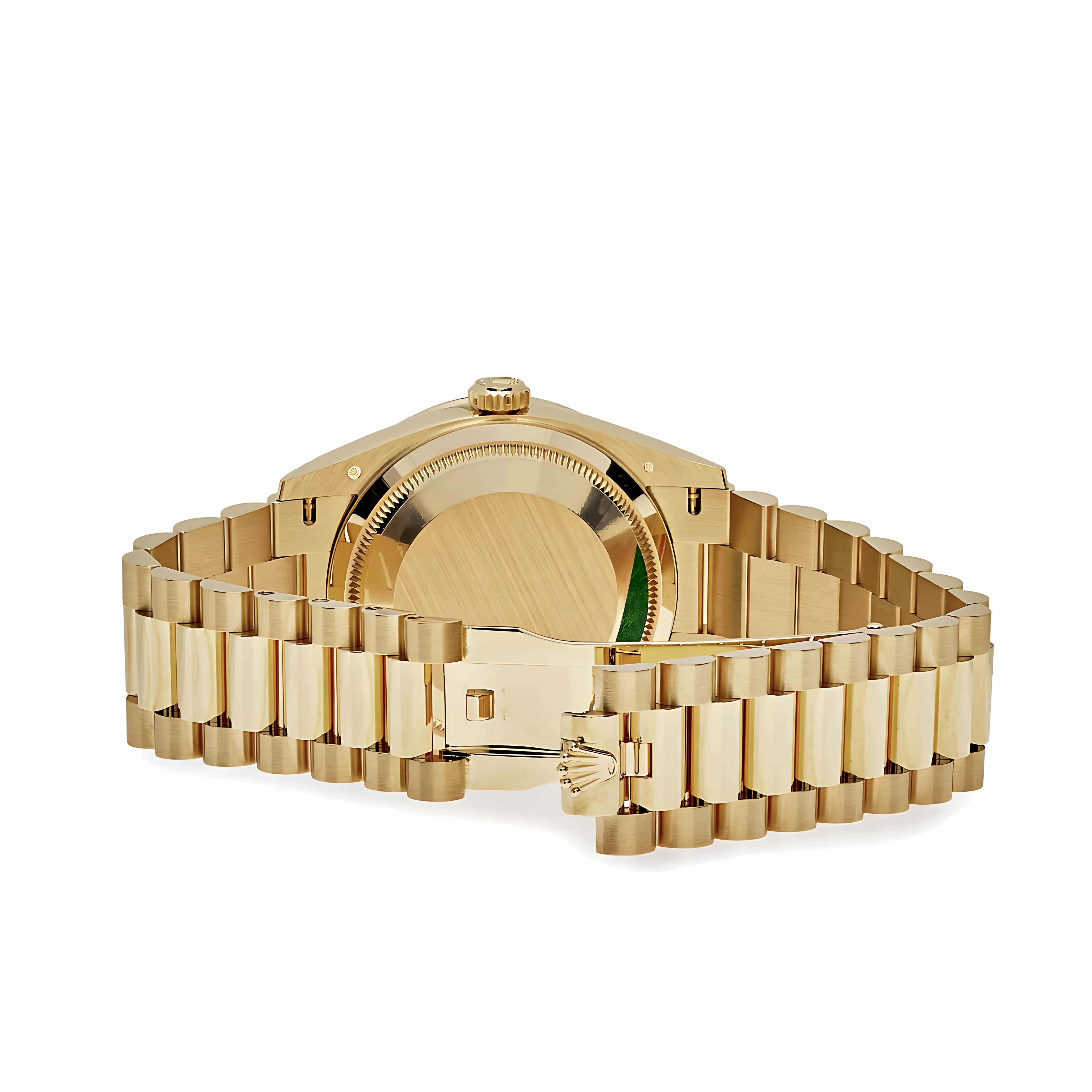 Rolex Day-Date 36 128348RBR Yellow Gold Green Malachite Dial Diamond Bezel