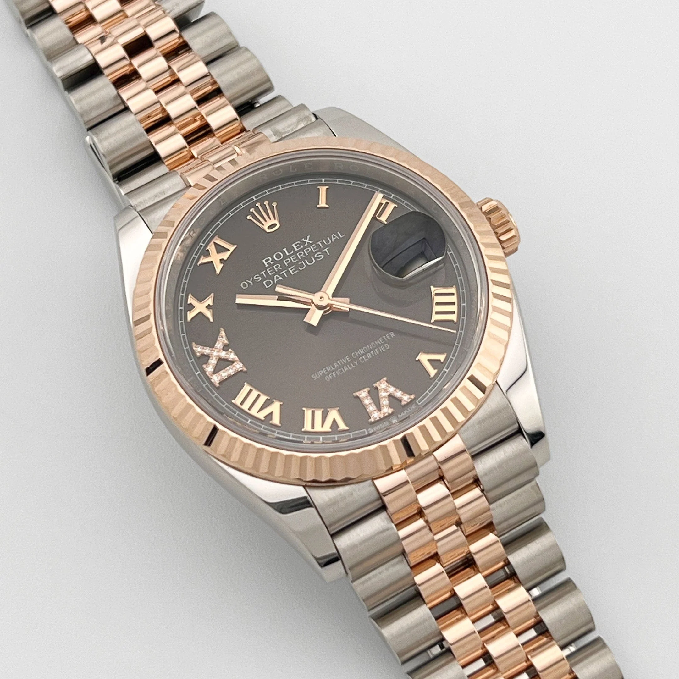 Rolex Datejust 36 126231 Rose Gold Stainless Steel Dark Rhodium Roman Numerals Diamond Dial Jubilee (2020)