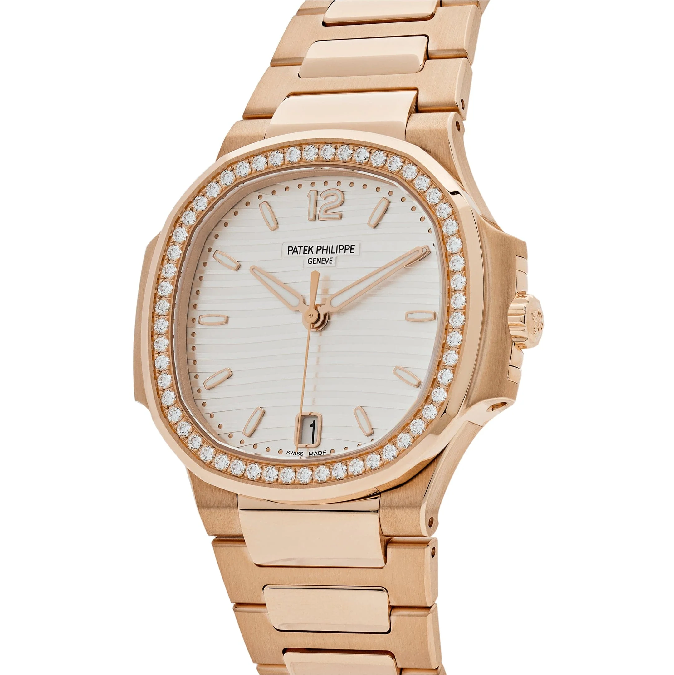 Patek Philippe Nautilus 7118/1200R-001 Ladies Automatic Rose Gold Silver Dial Diamond Bezel