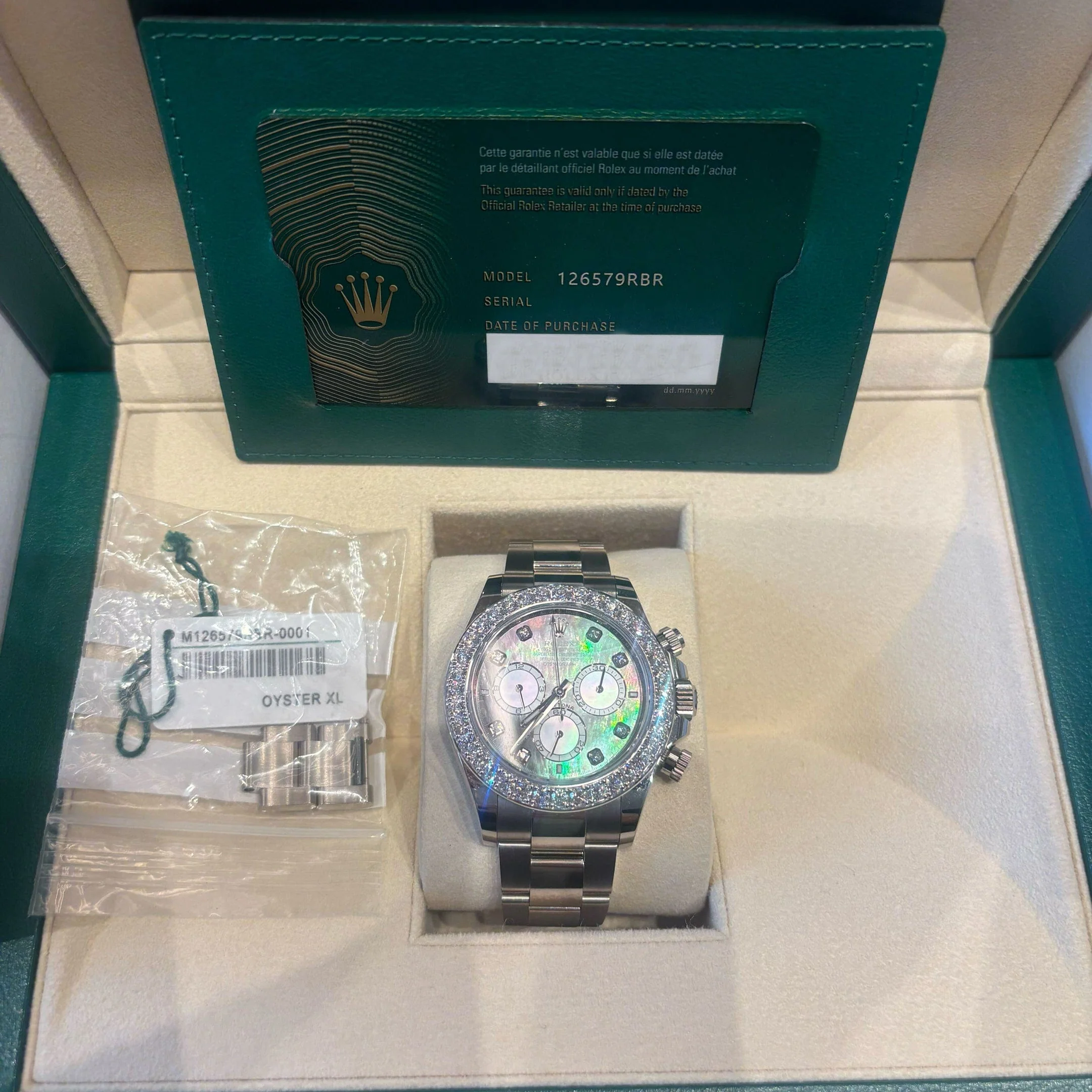 Rolex Daytona 126579RBR White Gold Mother of Pearl Diamond Dial Diamond Bezel (2024)