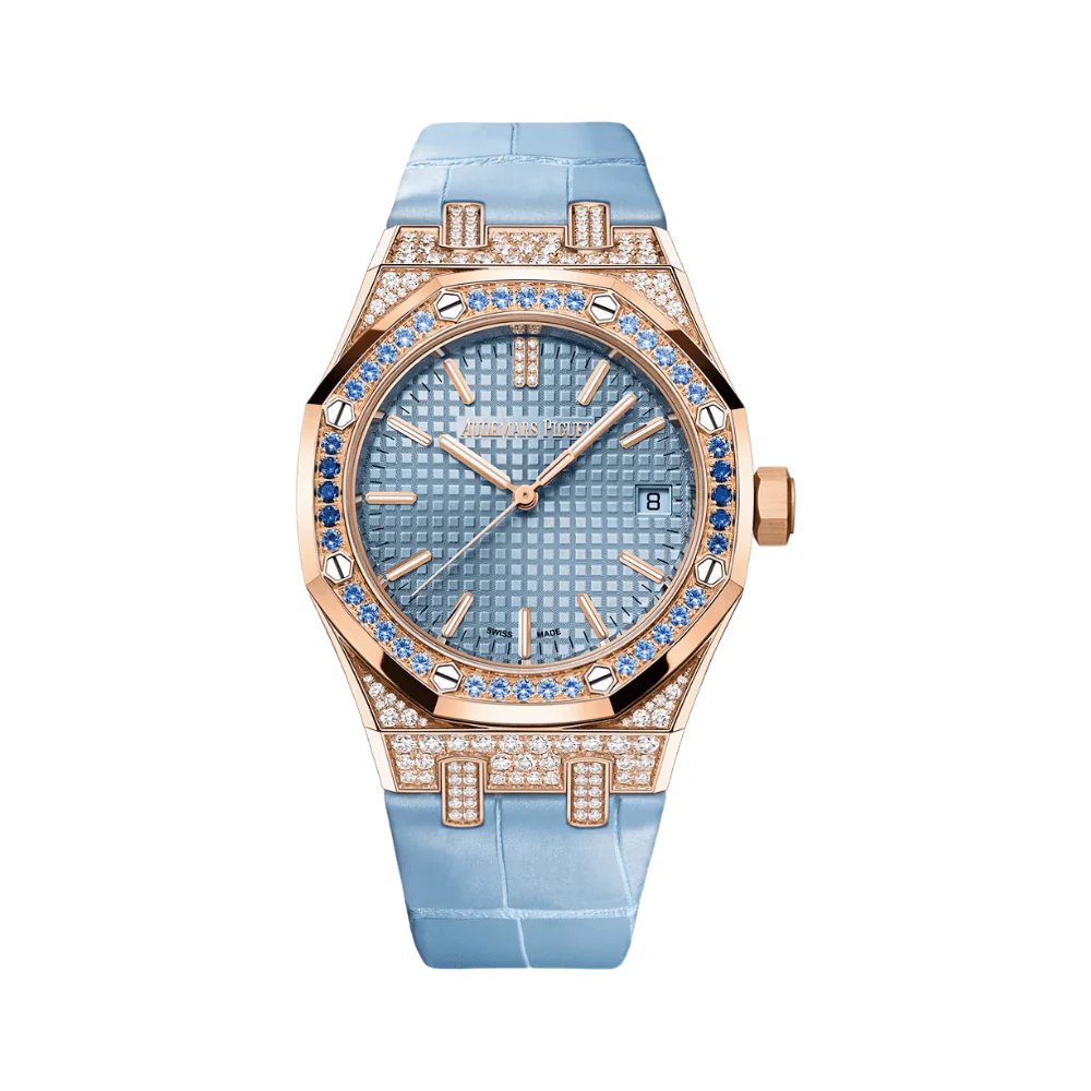 Audemars Piguet Royal Oak 15551OR.ZS.D344CR.01 Diamond and Sapphire Bezel Sapphire and Rose Gold Case Blue Dial