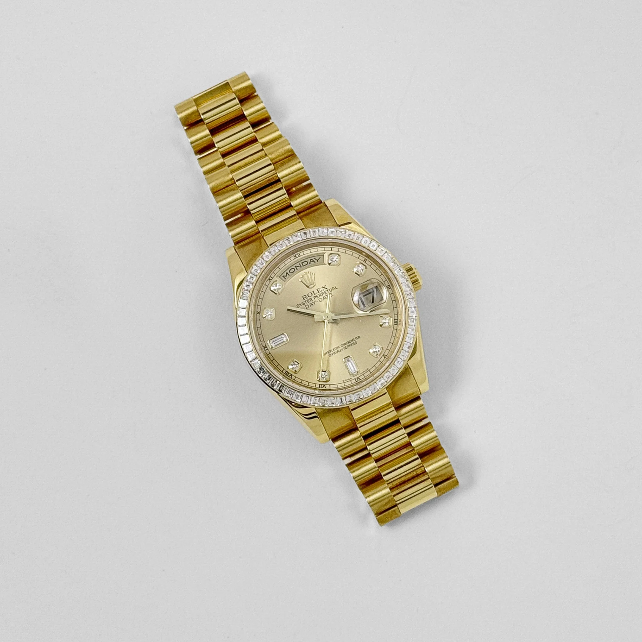 Rolex Day-Date 36 118398BR Yellow Gold Diamond Bezel Champagne Diamond Dial