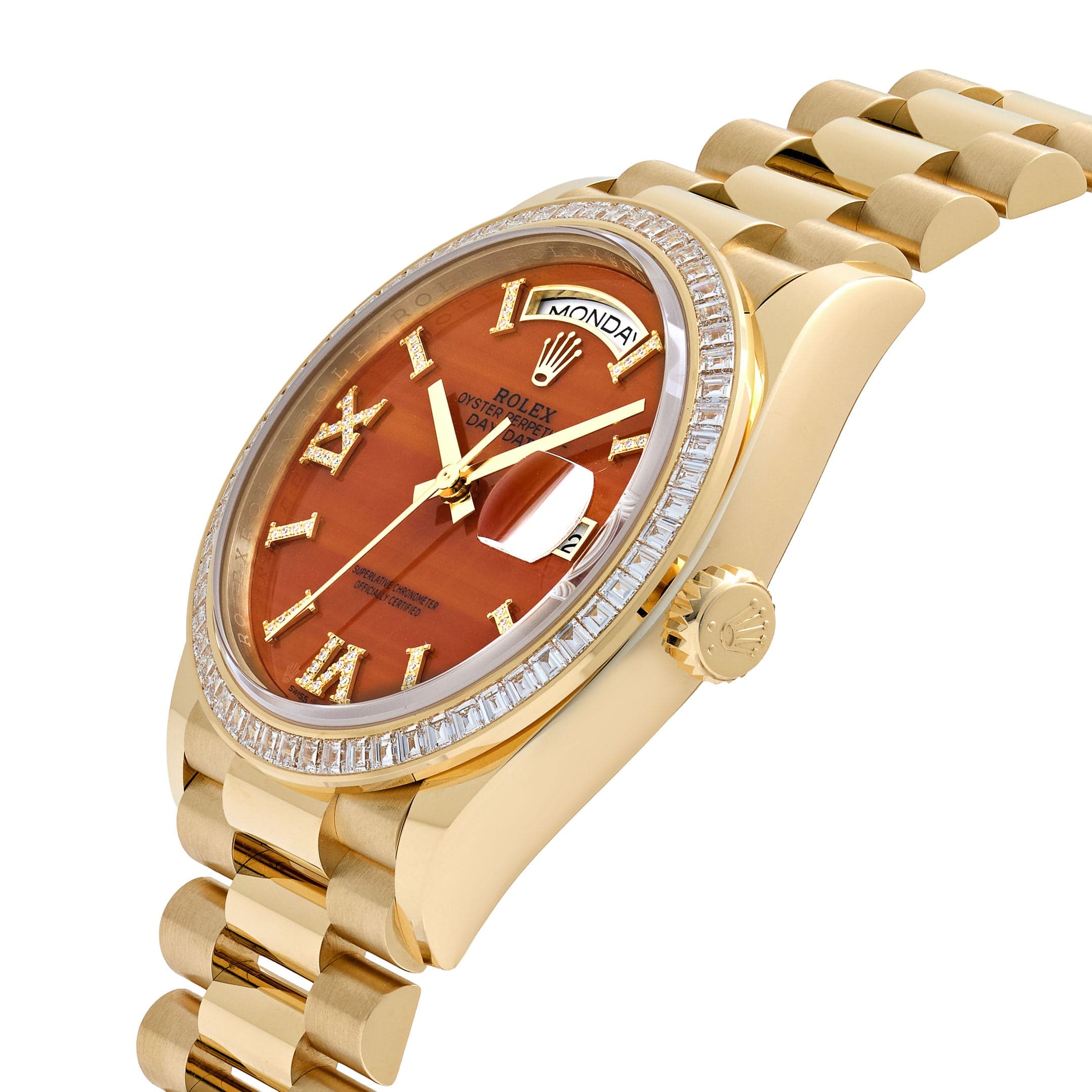 Rolex Day-Date 36 128398TBR Yellow Gold Carnelian Diamond Roman Numerals Dial Diamond Bezel