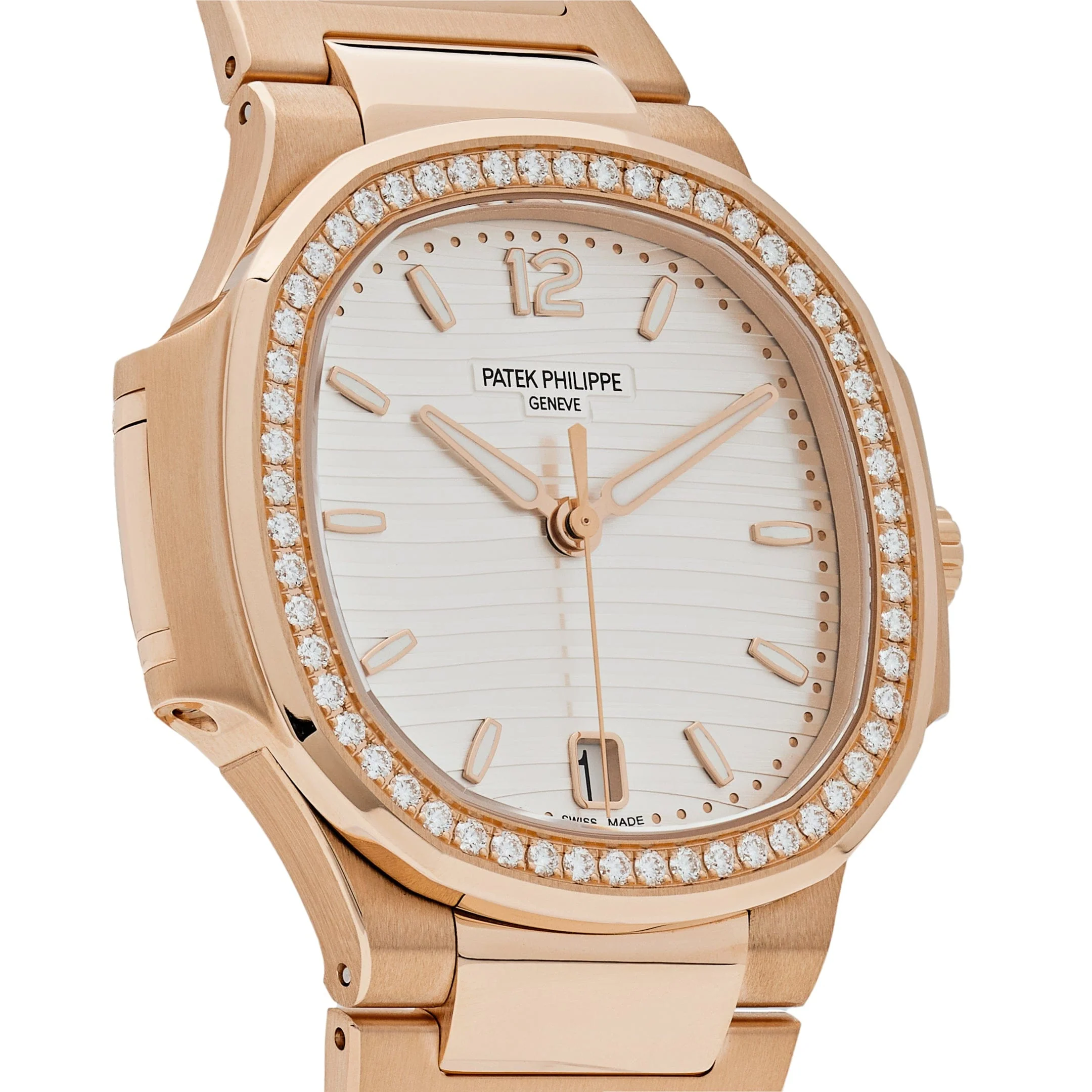 Patek Philippe Nautilus 7118/1200R-001 Ladies Automatic Rose Gold Silver Dial Diamond Bezel