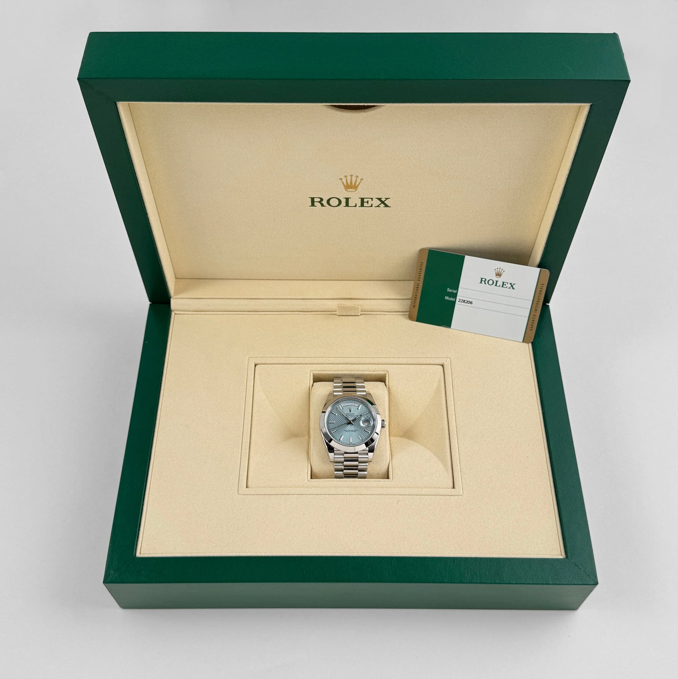 Rolex Day-Date 228206 40 Platinum Ice Blue Diagonal Motif Dial