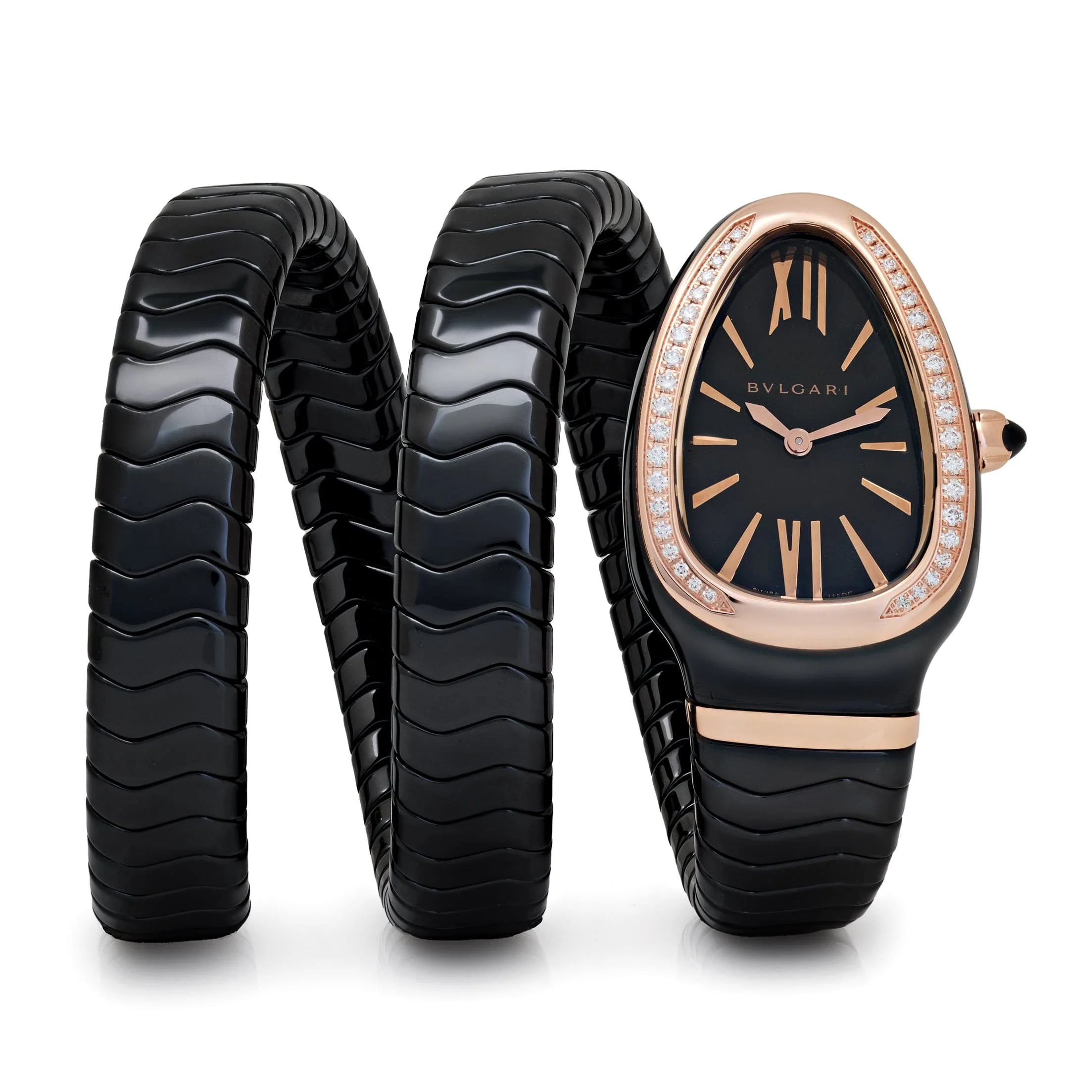 Bvlgari Serpenti Spiga Watch 102885 Black Ceramic and Rose Gold Black Lacquered Polished Dial Diamond Bezel (2025)