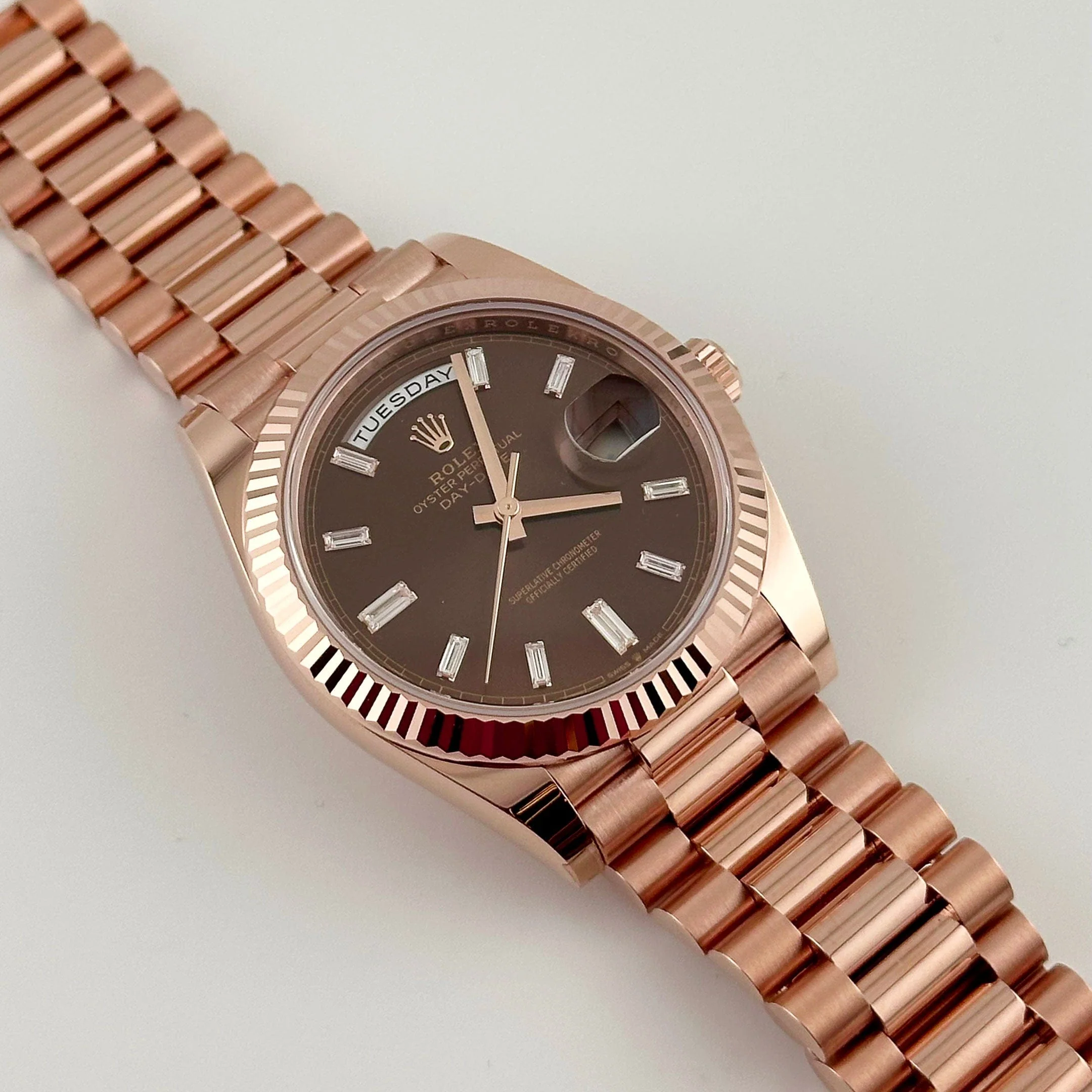 Rolex Day-Date 40 228235 Rose Gold Chocolate Baguette Diamond Dial (2025)