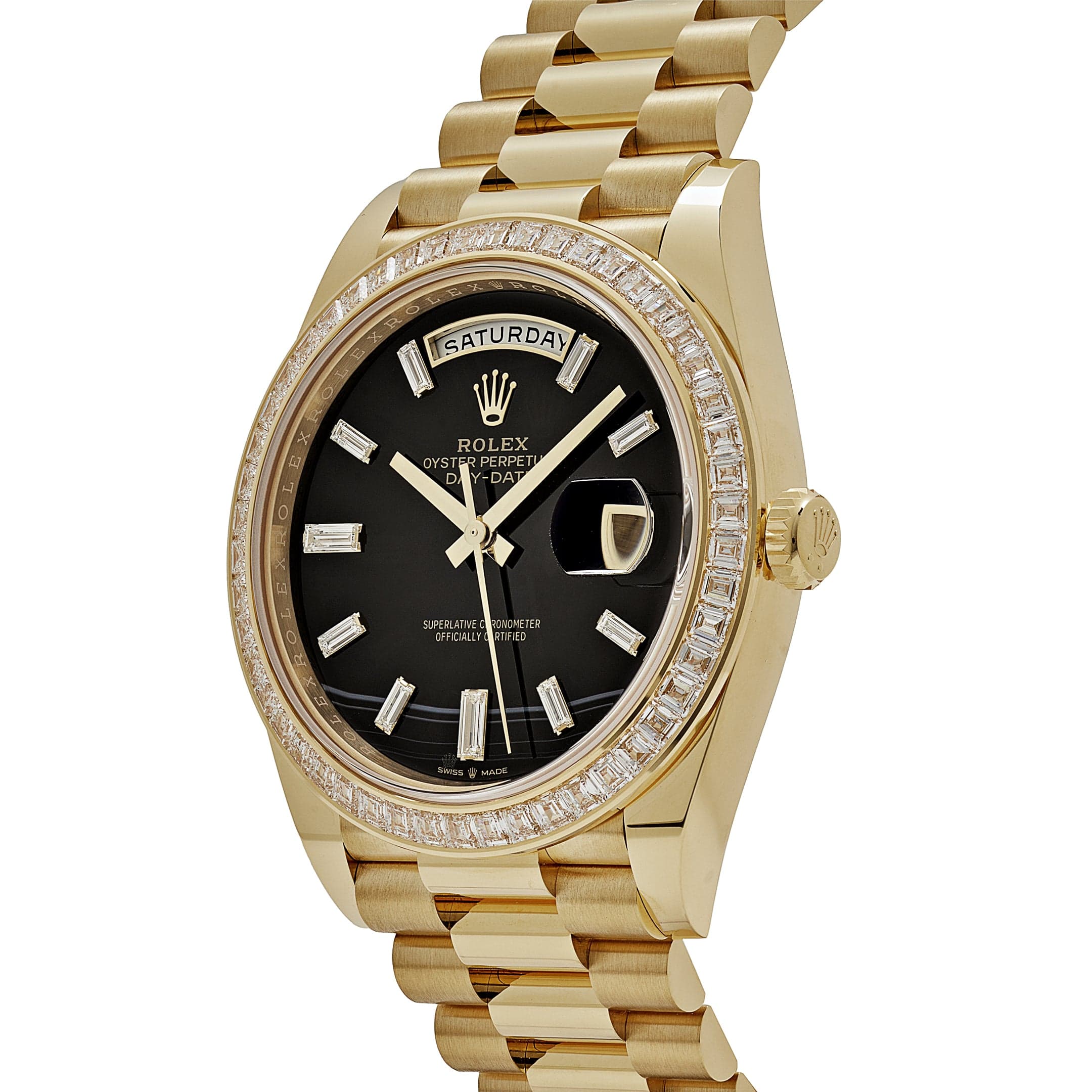 Rolex Day-Date 40 228398TBR Yellow Gold Onyx Baguette Diamond Dial Baguette Bezel (2023)