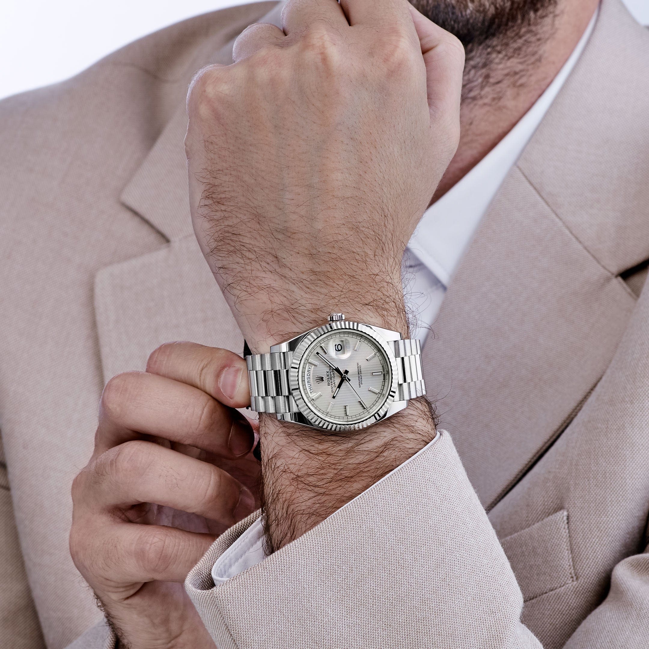 Rolex-Day Date 40 228239 White Gold Silver Stripe Motif Dial (2018)