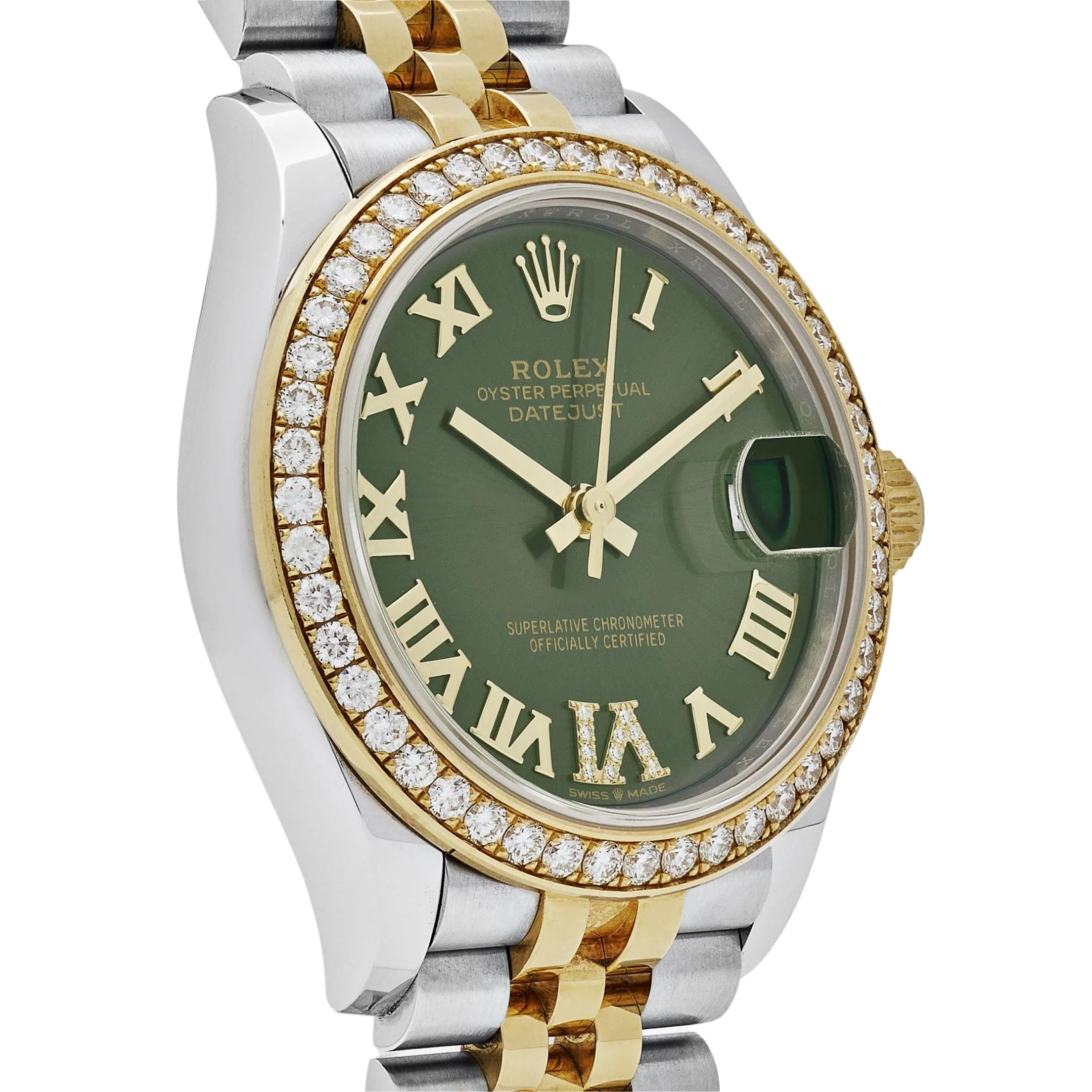 Rolex Datejust 31 278383RBR 'Ladies' Yellow Gold Stainless Steel Green Roman Dial Diamond Bezel