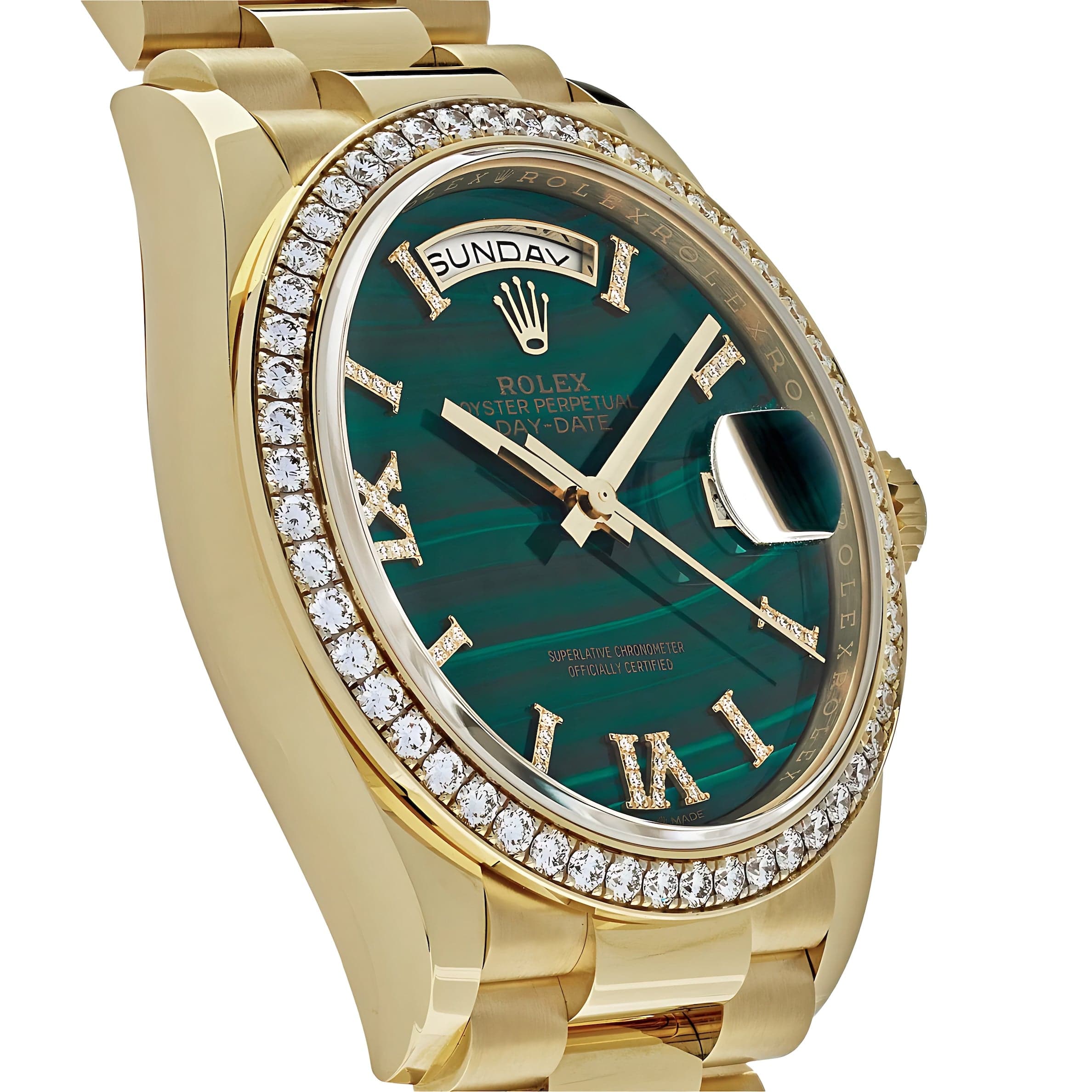 Rolex Day-Date 36 128348RBR Yellow Gold Green Malachite Dial Diamond Bezel