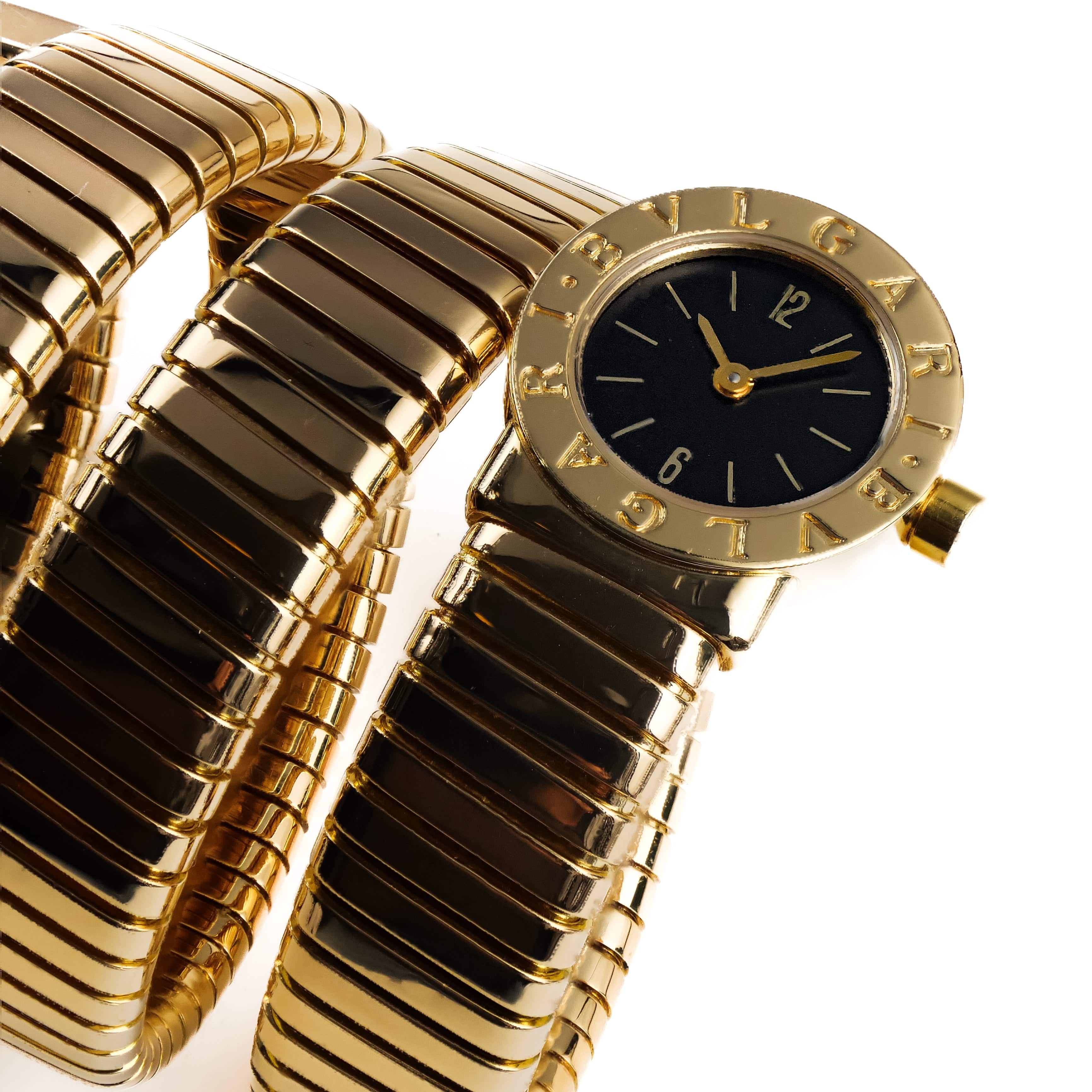 BVLGARI Tubogas BB191T 3 Row Yellow Gold Black Dial Quartz