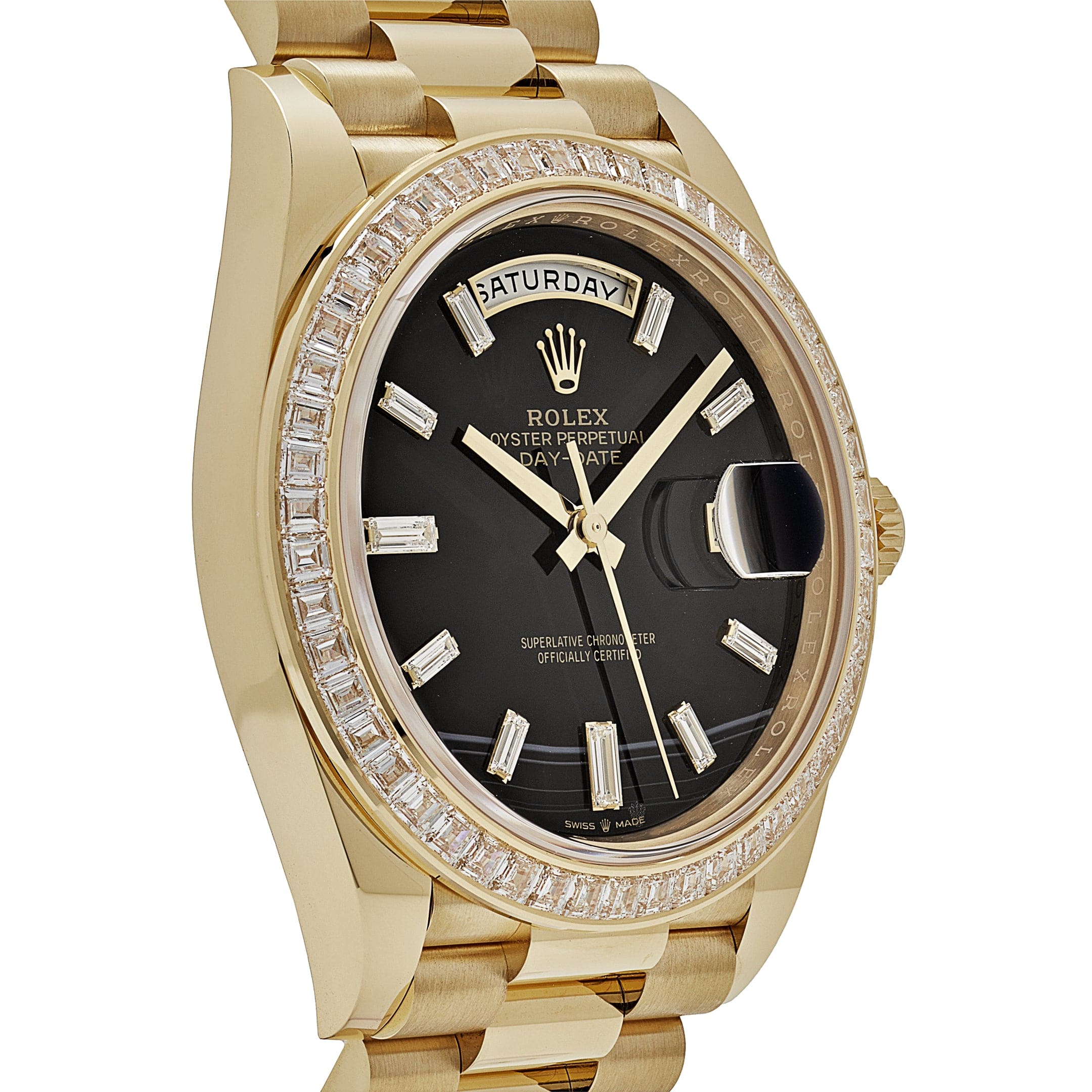 Rolex Day-Date 40 228398TBR Yellow Gold Onyx Baguette Diamond Dial Baguette Bezel (2023)