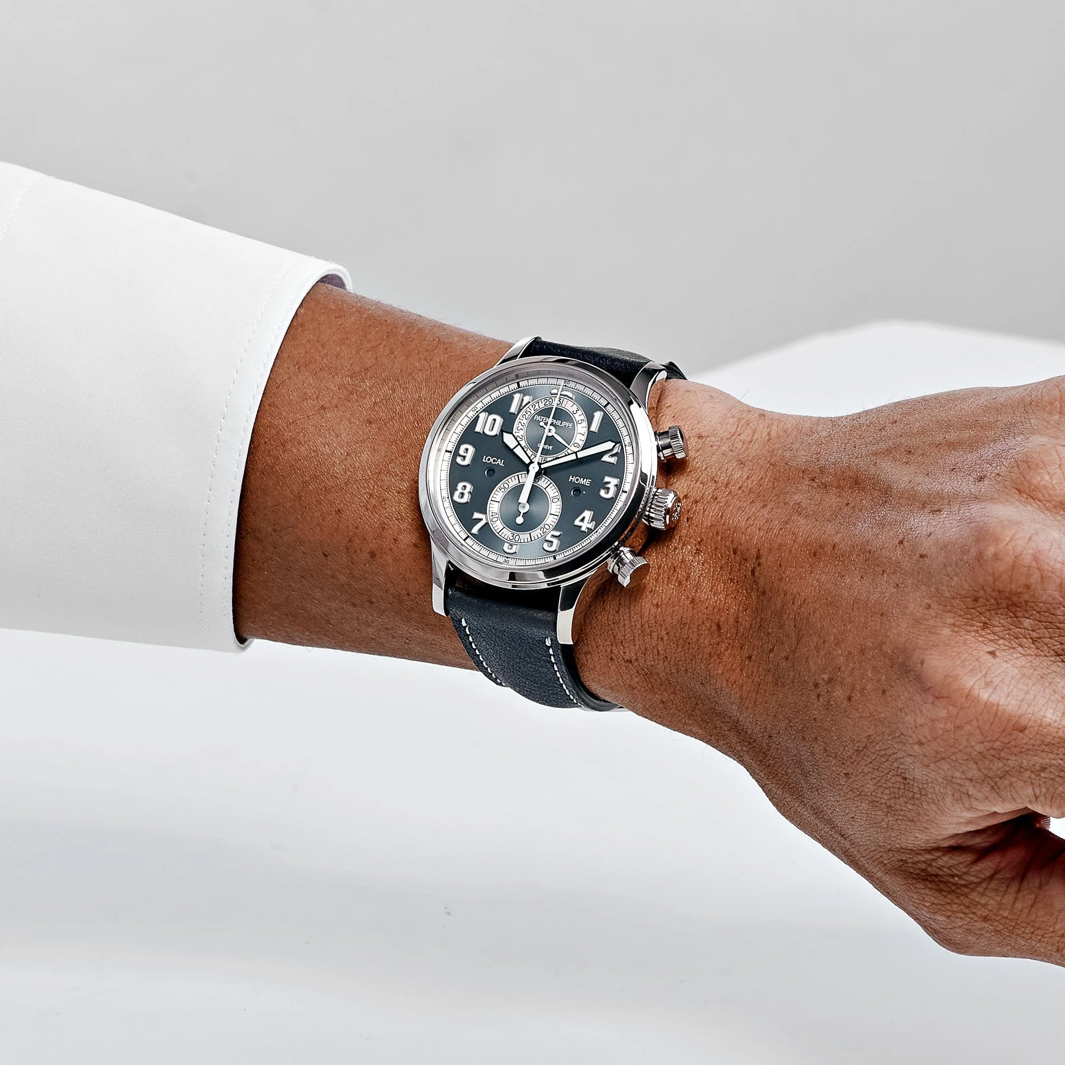 Patek Philippe Complications 5924G-001 Calatrava 'Pilot' Travel Time Flyback Chronograph White Gold Blue-Gray Dial (2025)