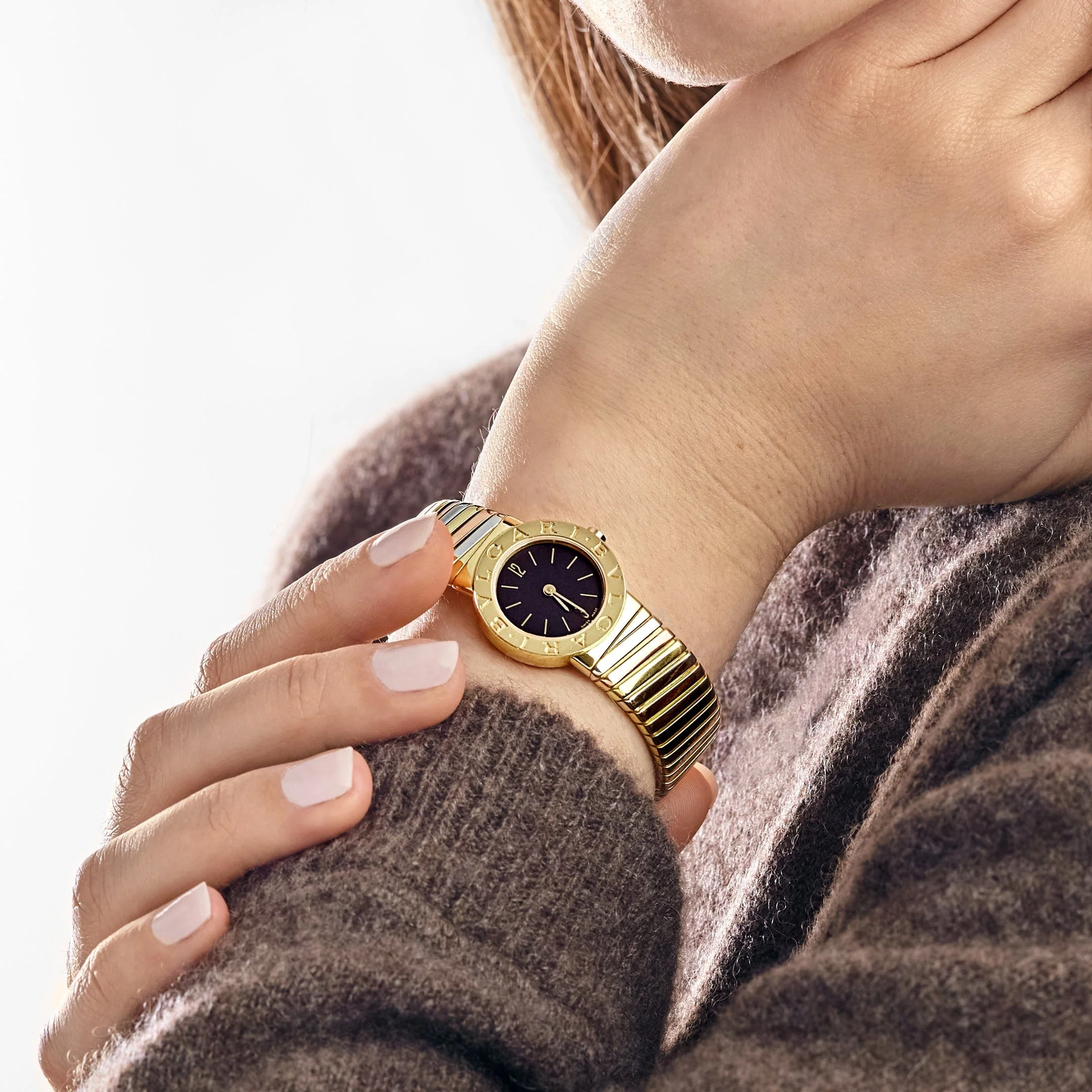 BVLGARI Tubogas BB232T 1 Row Tri Color Black Dial Quartz