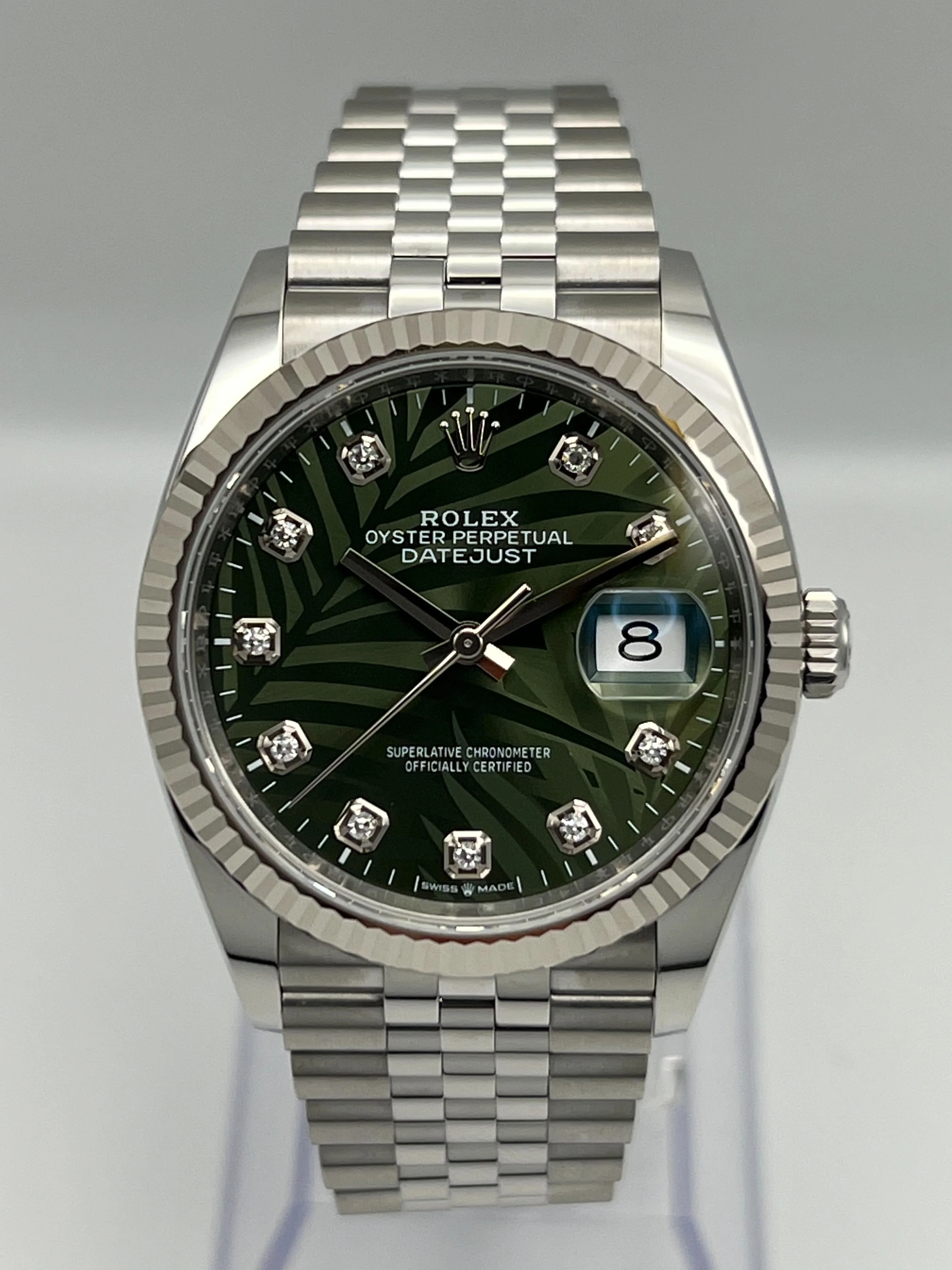 Rolex Datejust 36 126234 White Gold Stainless Steel Palm Motif Diamond Dial Jubilee
