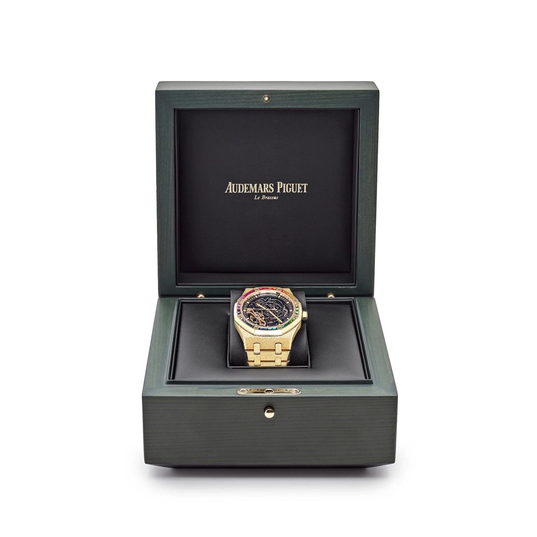 Audemars Piguet Royal Oak 15412BA.YG.1224BA.01 Frosted Yellow Gold Double Balance Wheel Rainbow Bezel