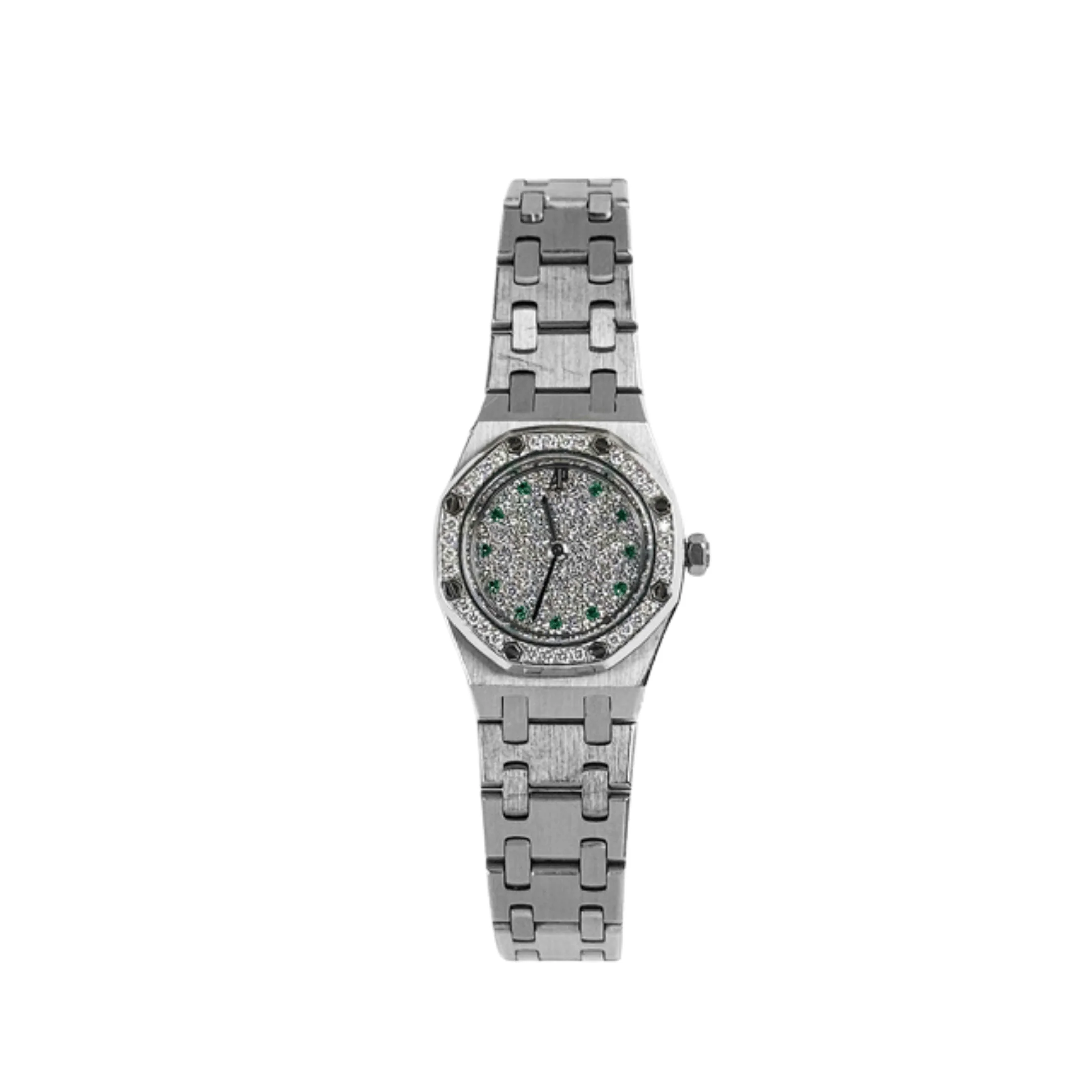 Audemars Piguet Royal Oak 67076BC 'Ladies' White Gold Diamond Emerald Set Dial Diamond Bezel Quartz