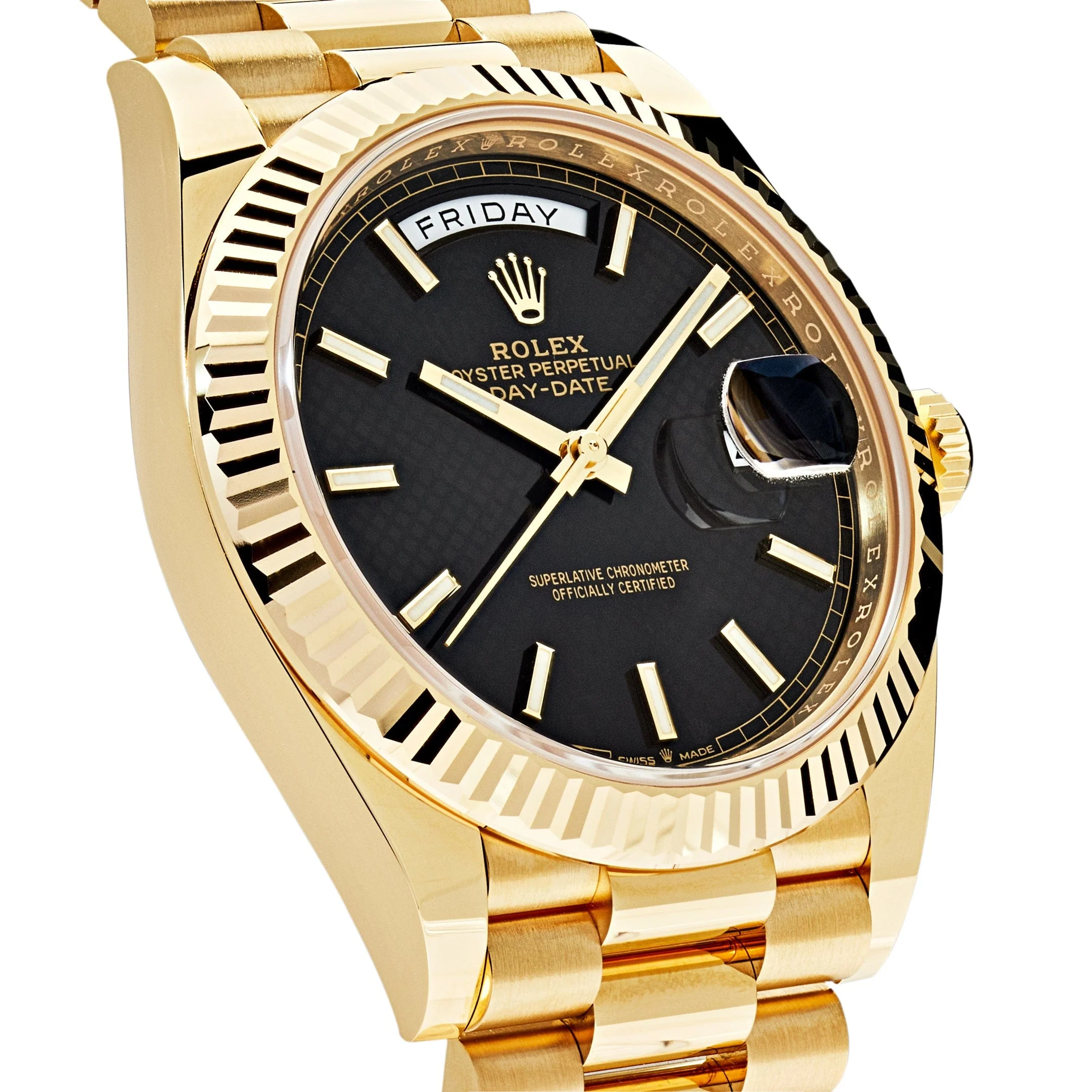 Rolex Day-Date 40 228238 Yellow Gold Black Diagonal Motif Dial