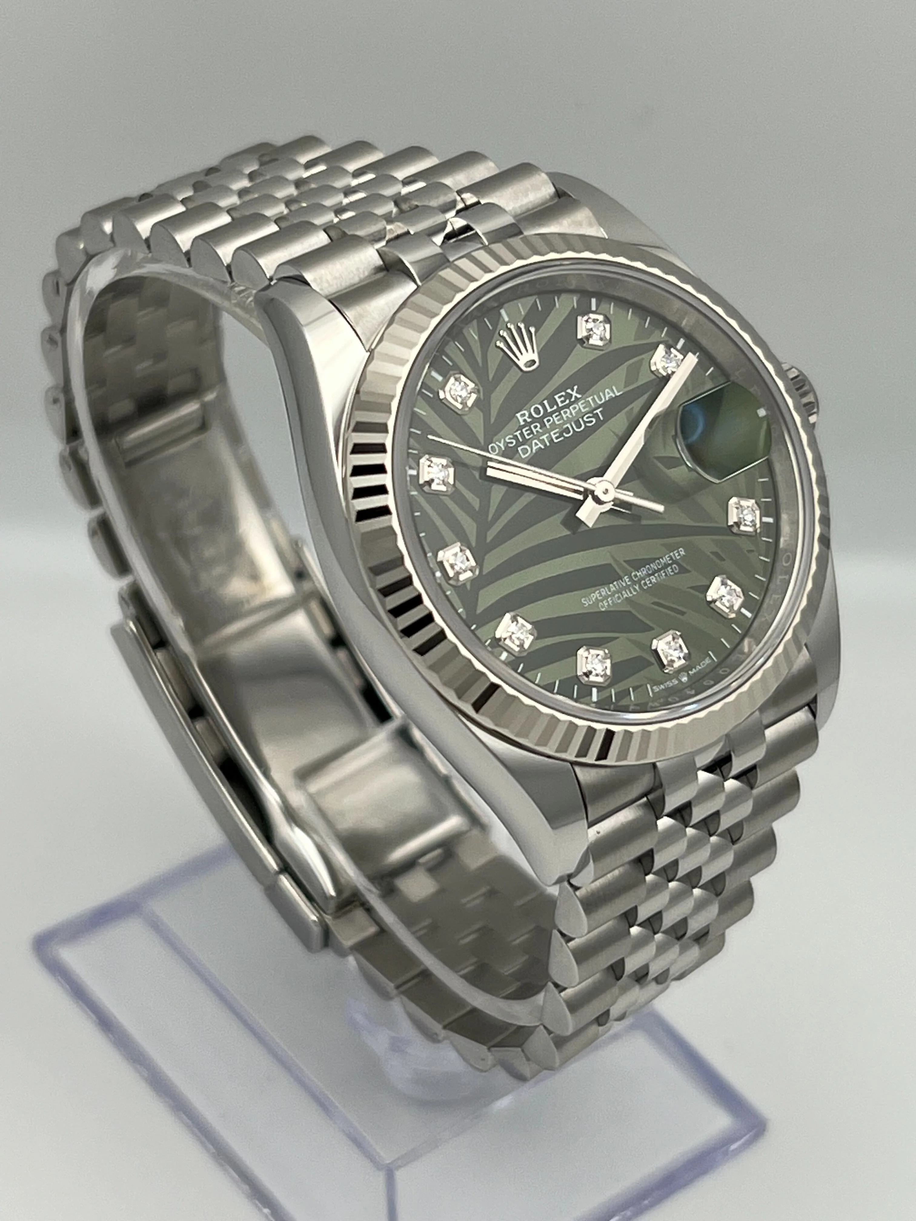 Rolex Datejust 36 126234 White Gold Stainless Steel Palm Motif Diamond Dial Jubilee